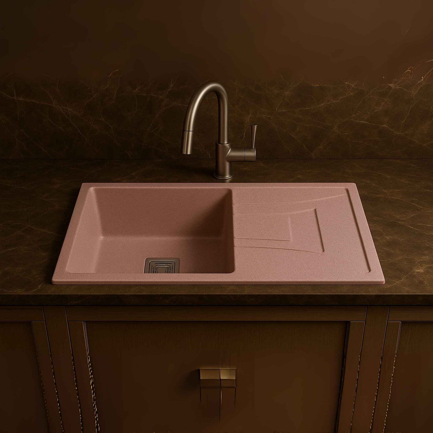 Front-facing rose pink granite kitchen sink with matte finish and drain section