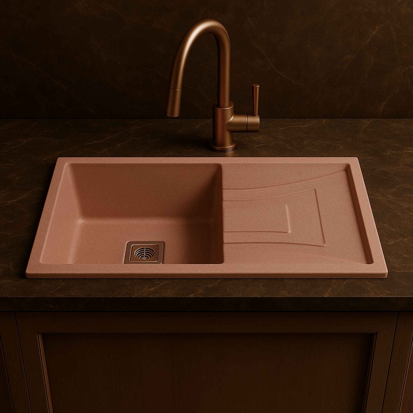 Side view of rose quartz granite kitchen sink with drainboard in modern kitchen