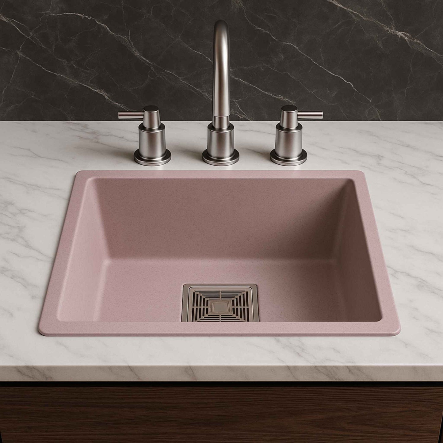 Front view of rose quartz sink placed in luxury dark Italian marble kitchen