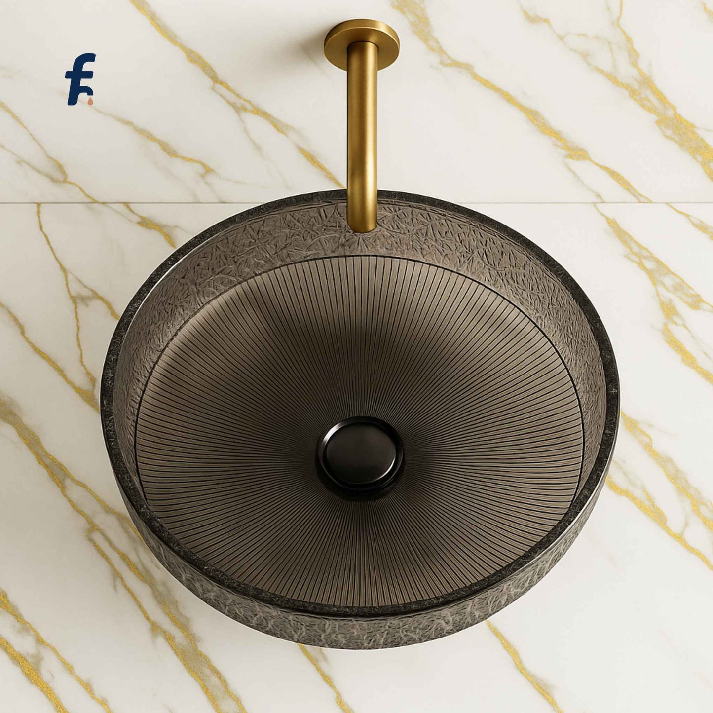 Decorative round sink with gold faucet on a marble background