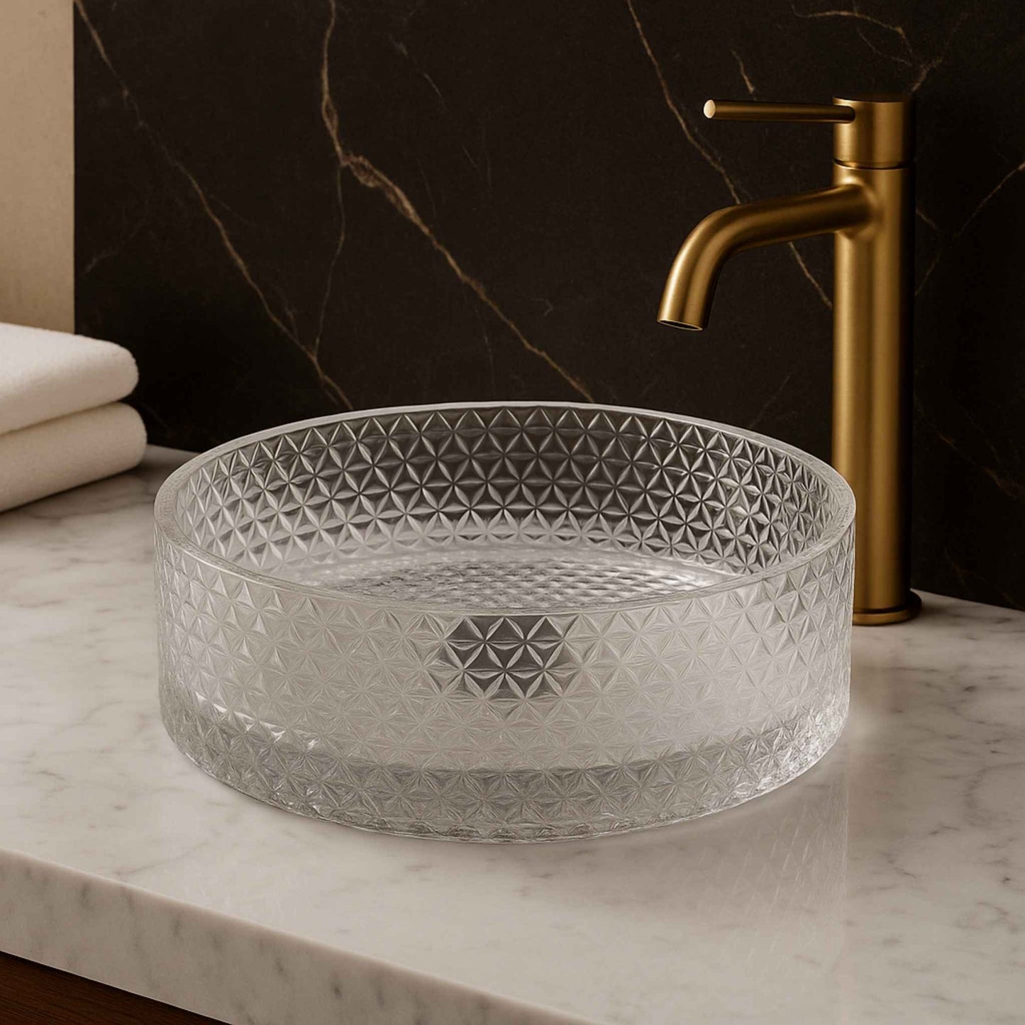 Front view of textured round clear glass countertop wash basin