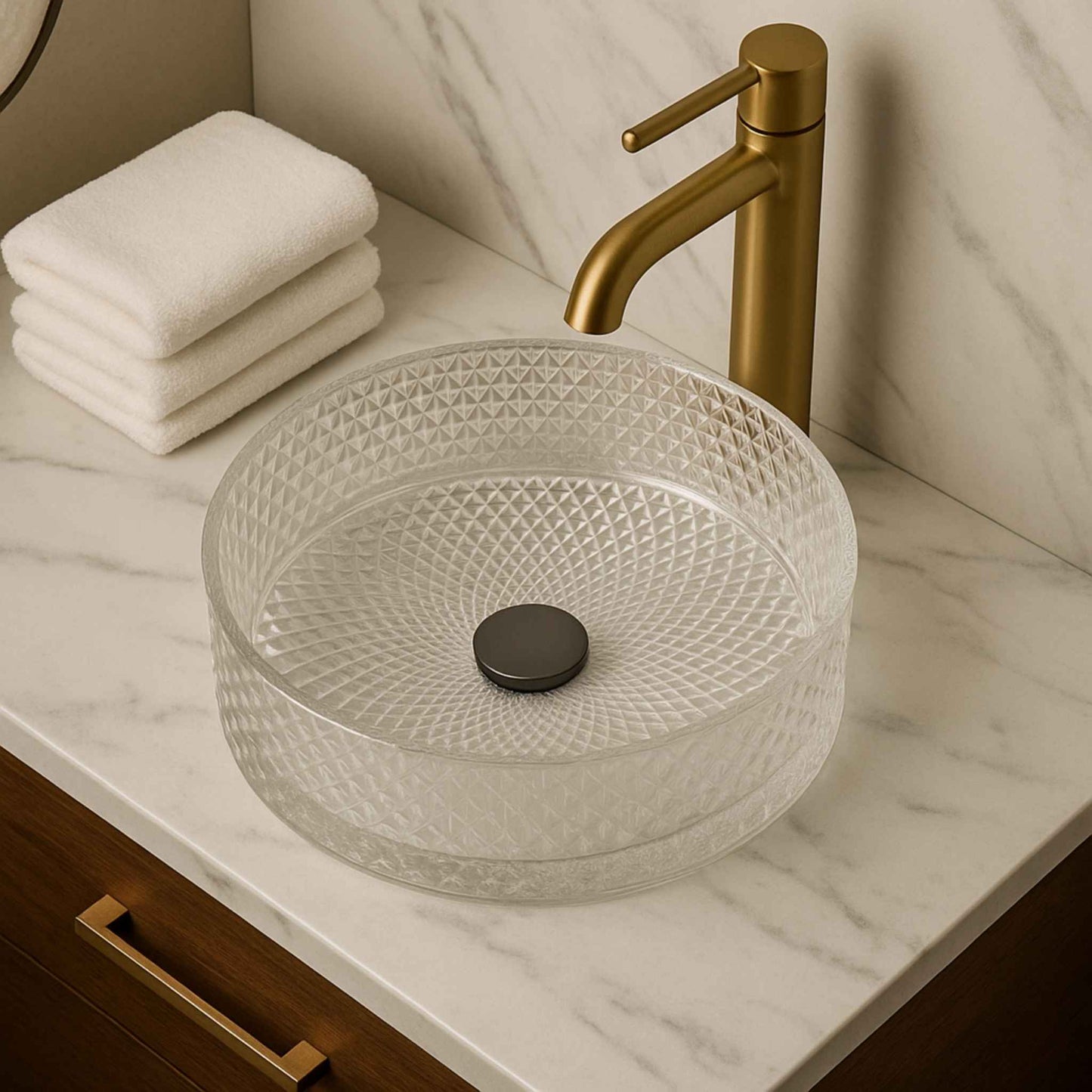 Top angle of clear textured round glass wash basin for modern bathroom