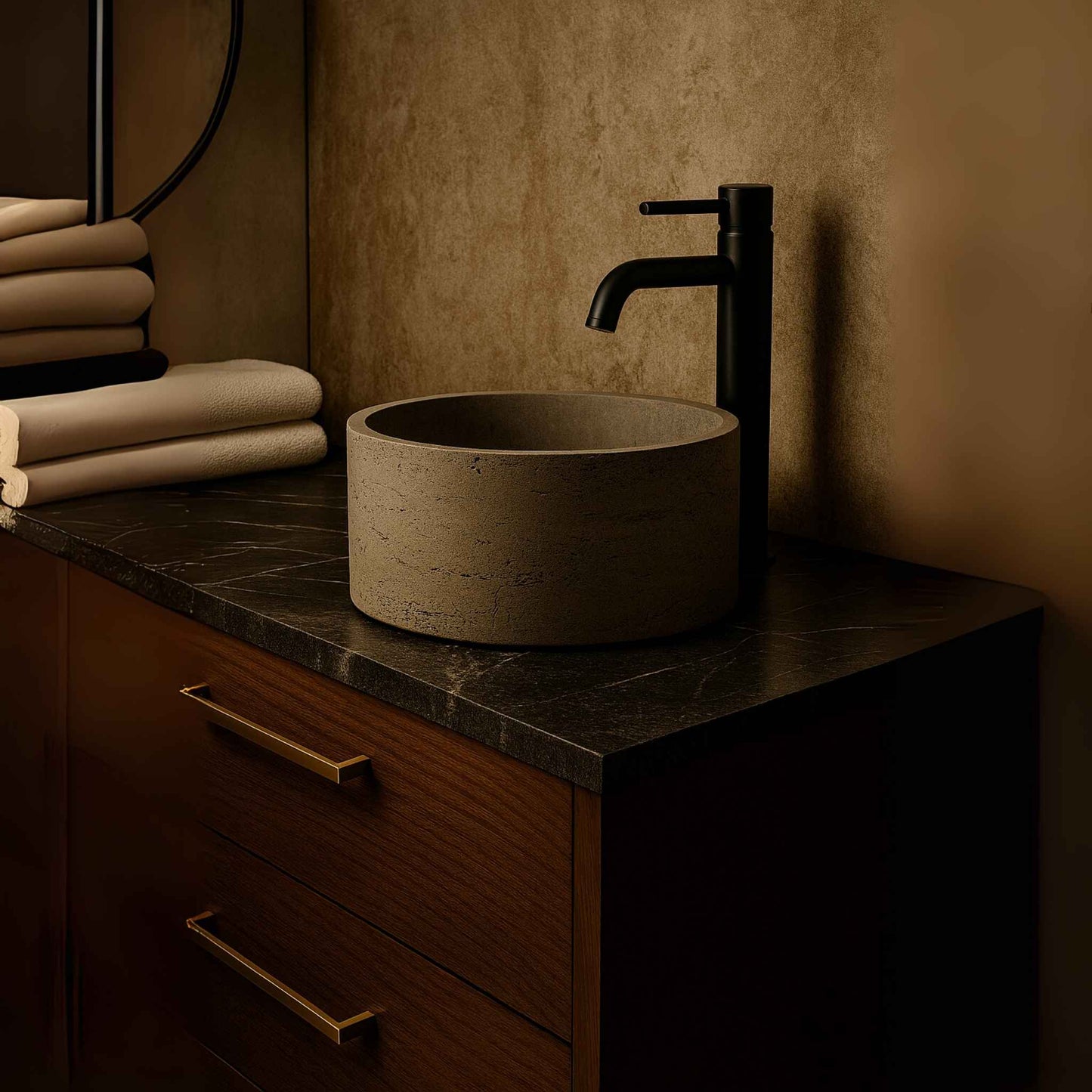 Side profile of rustic freestanding concrete sink placed on wooden countertop