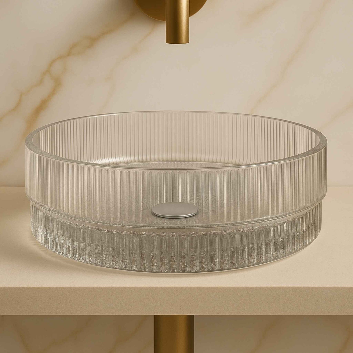 Top angle view of transparent round fluted glass sink for vanity countertop