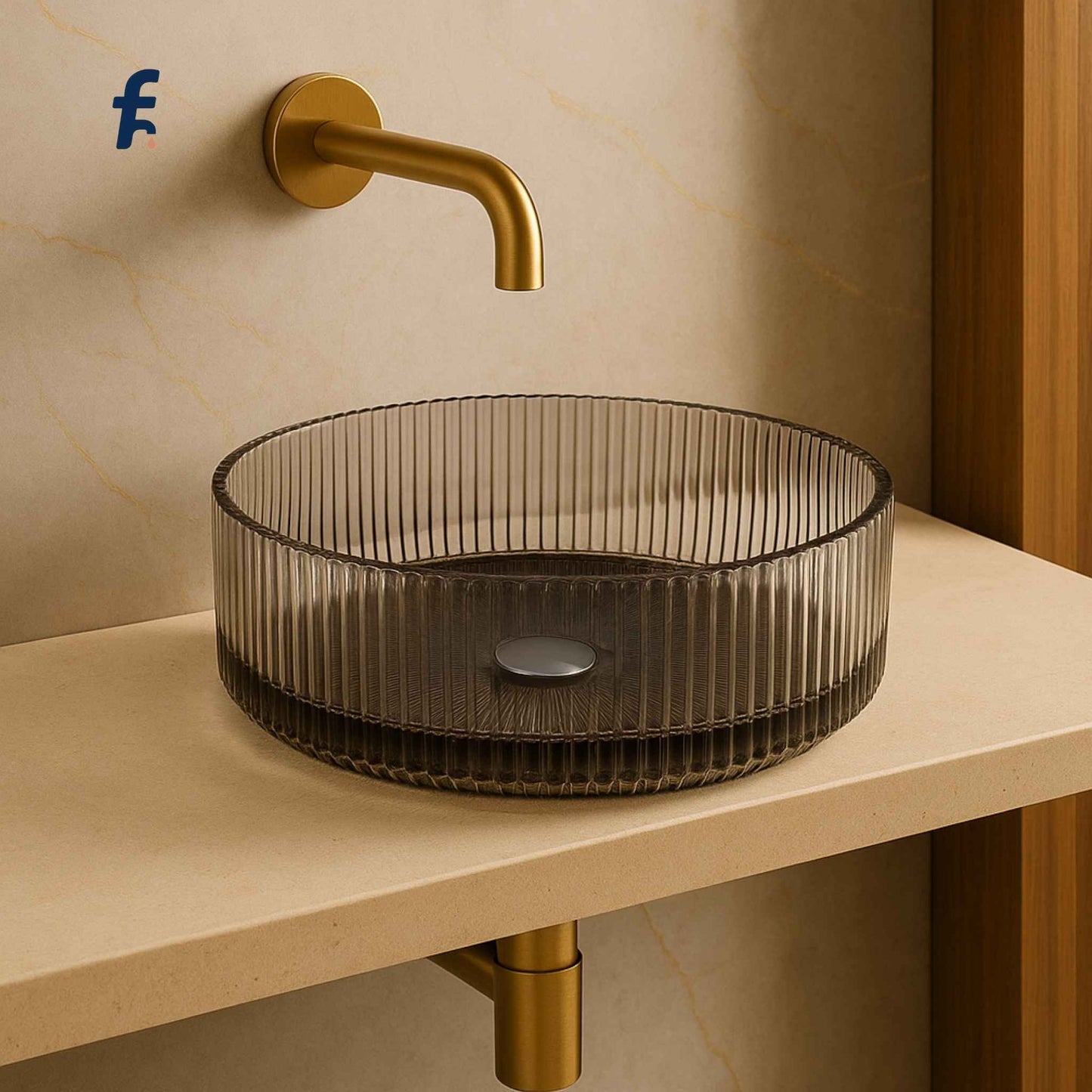 Side angle view of modern black fluted glass bathroom basin