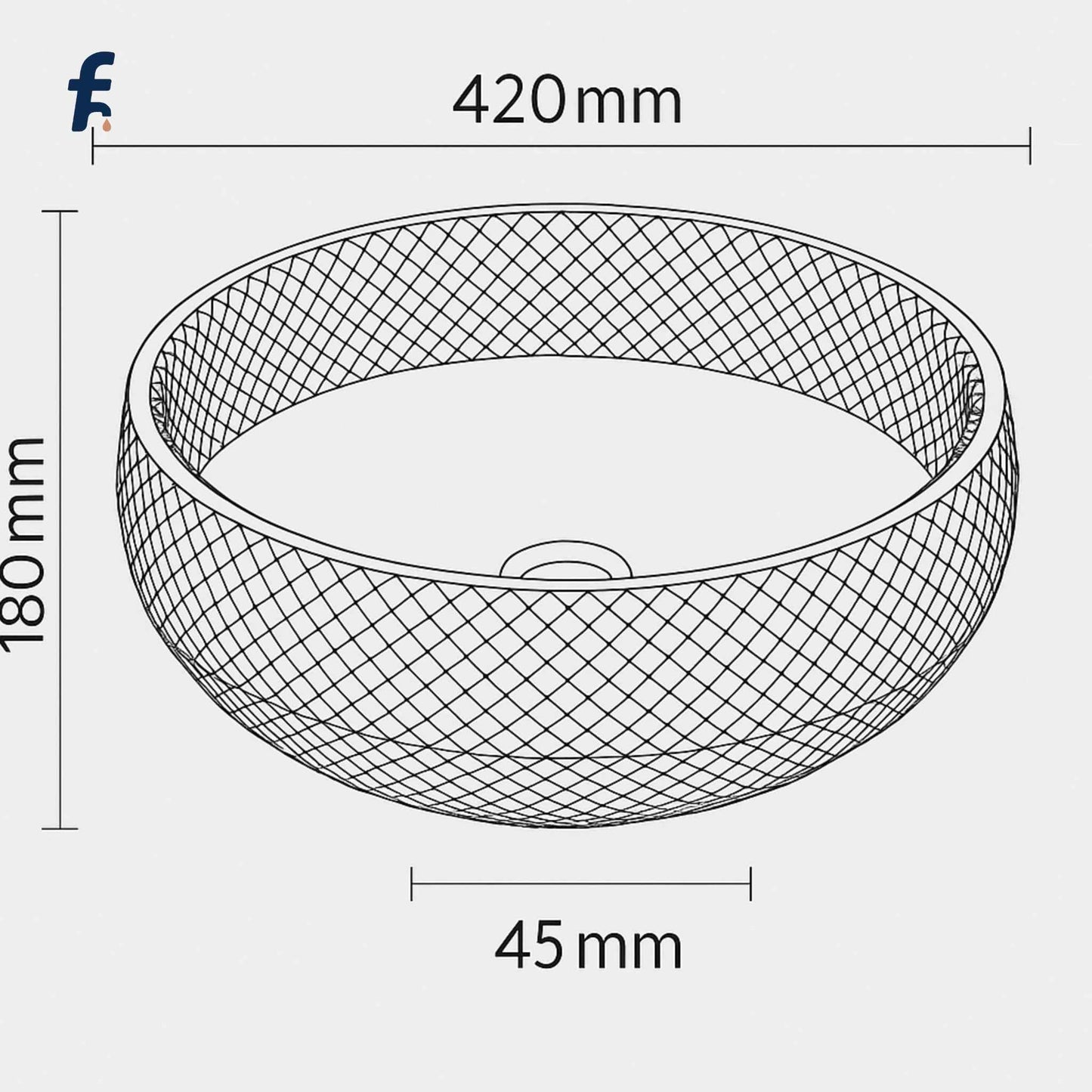 Dimension sketch of 420x420x180mm glass basin with 45mm drain
