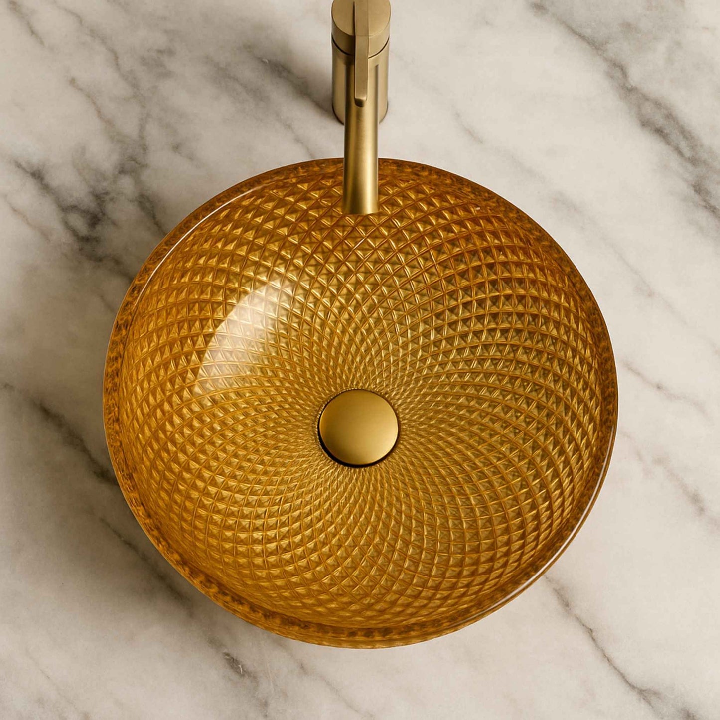 Top view of round gold glass bowl basin – 340mm textured luxury sink