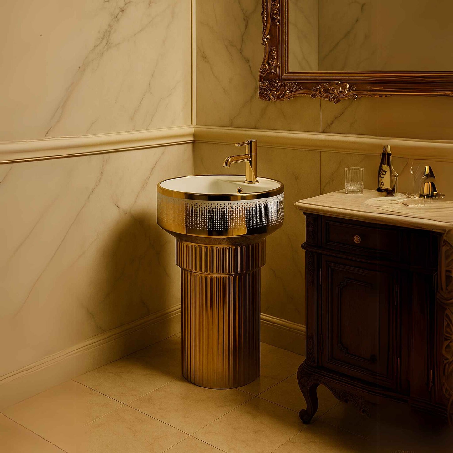 Royal Gold Designer Pedestal Washbasin with glossy finish for luxury bathrooms