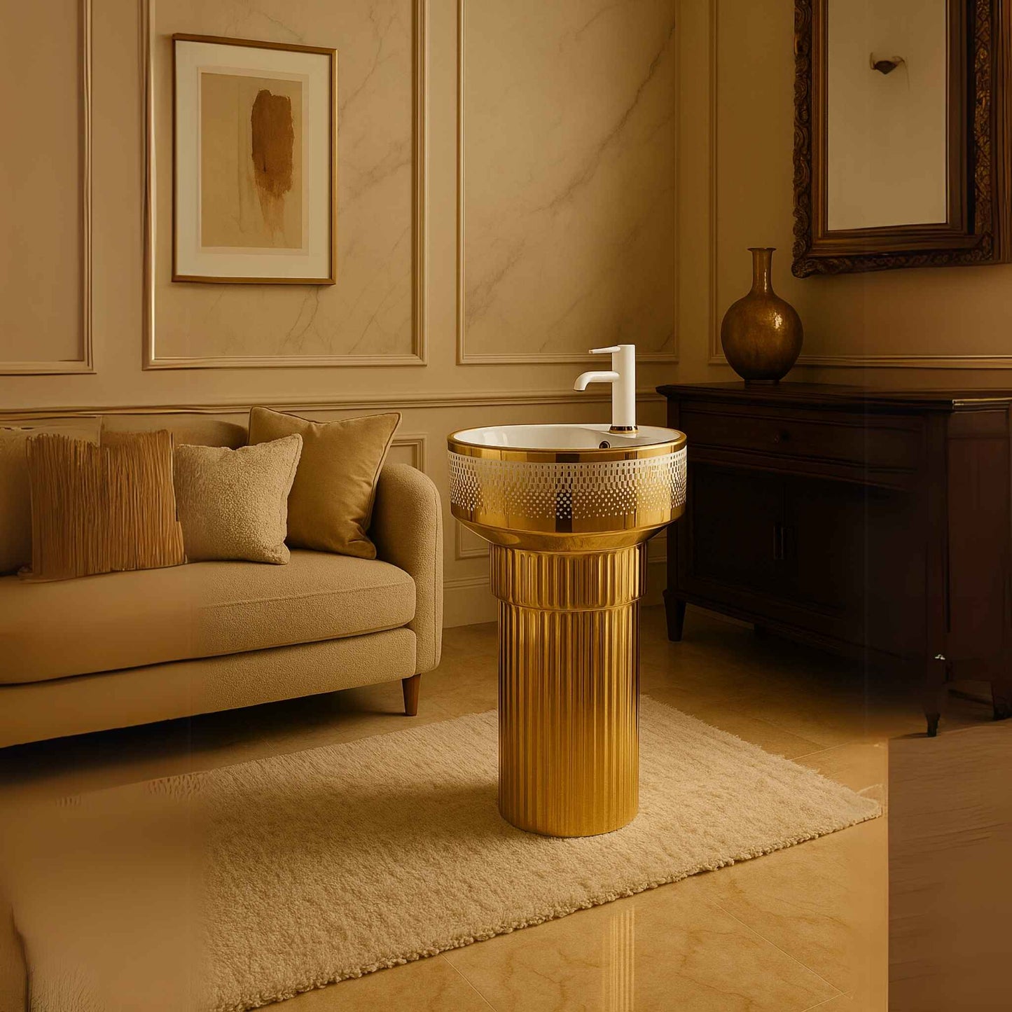 Royal Gold Designer Pedestal Washbasin with glossy finish for luxury atmosphere