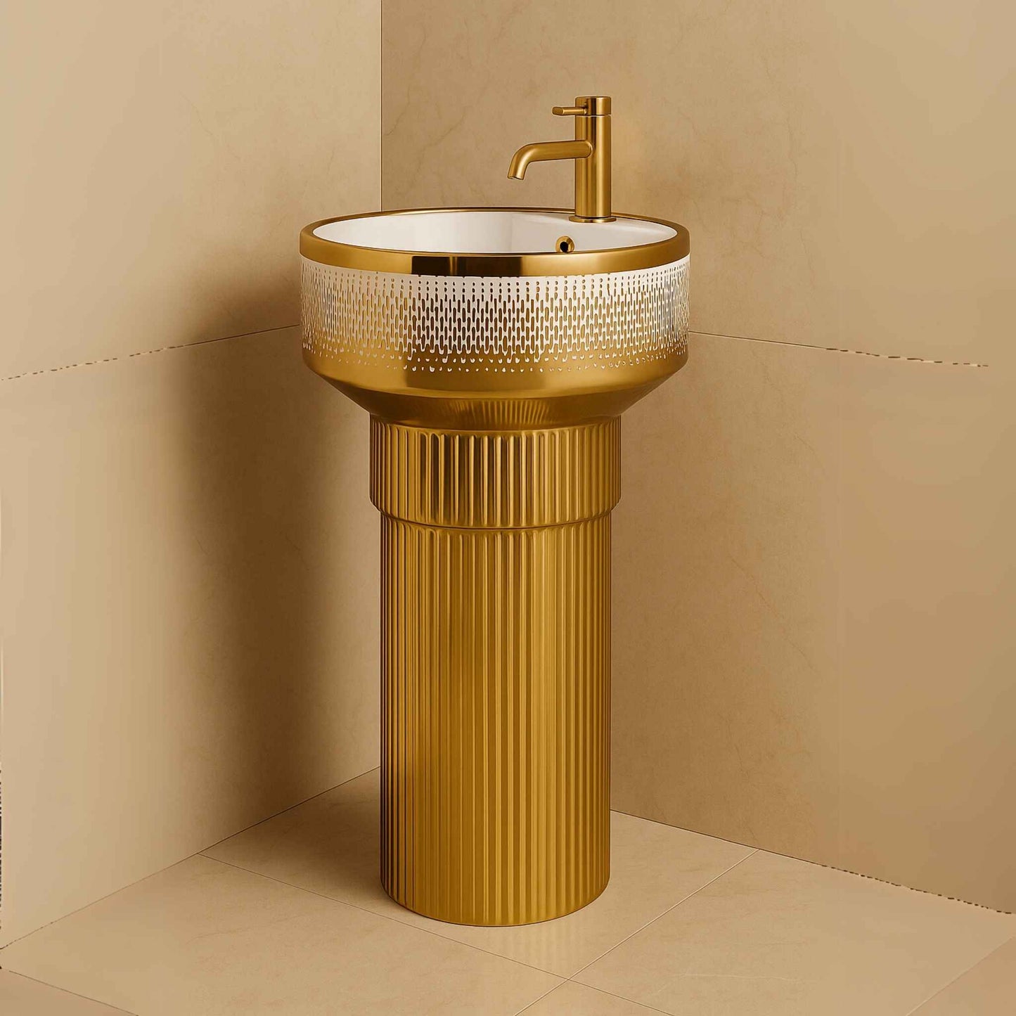 Royal Gold Designer Pedestal Washbasin with glossy finish for luxury bathrooms side angle.