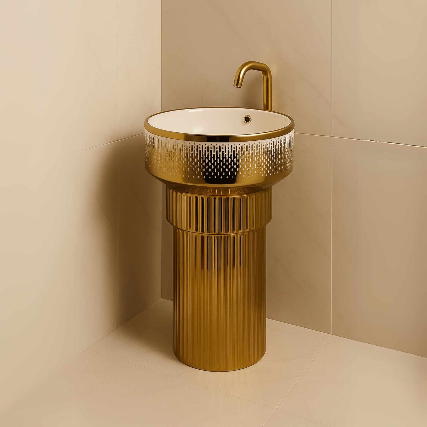 Royal Gold Designer Pedestal Washbasin with glossy finish for luxury bathrooms other angle