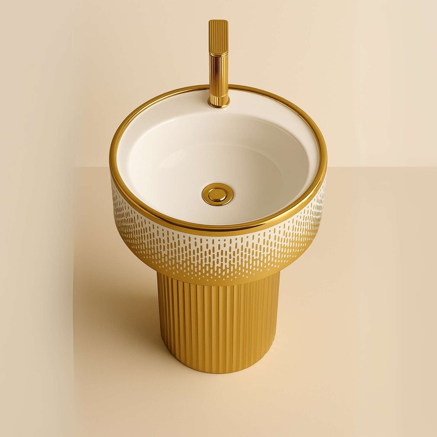 Royal Gold Designer Pedestal Washbasin with glossy finish for luxury bathrooms top angle
