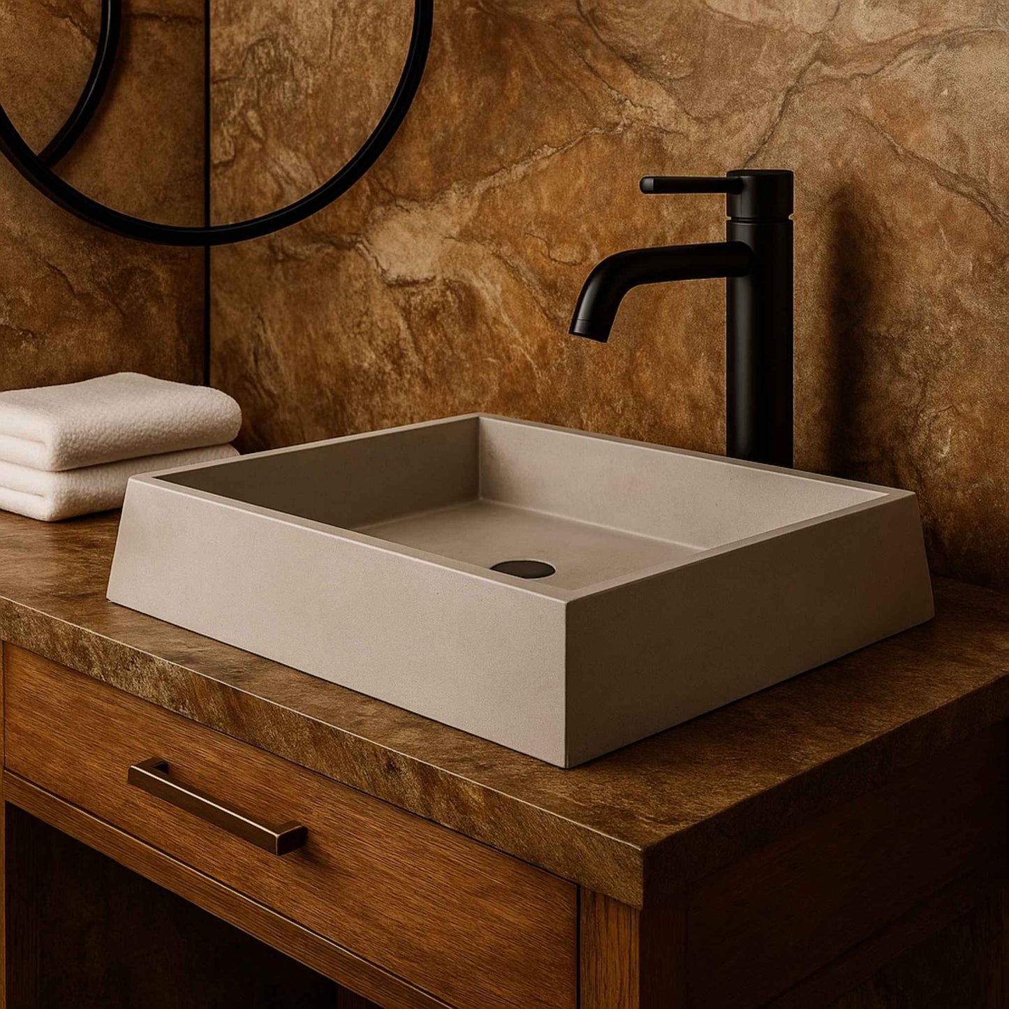 Entrance view of bathroom featuring modern rectangular concrete basin
