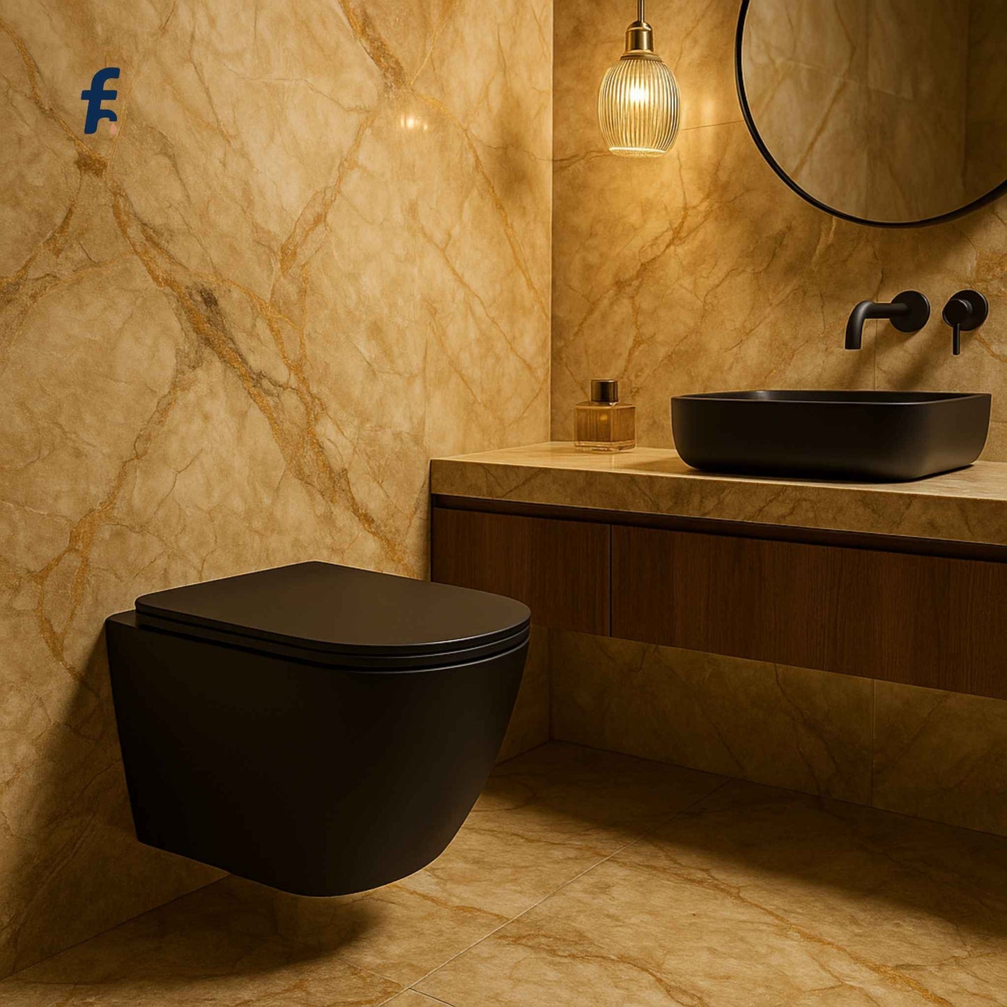 Modern bathroom with black wall-mounted toilet and sink against a marble wall.