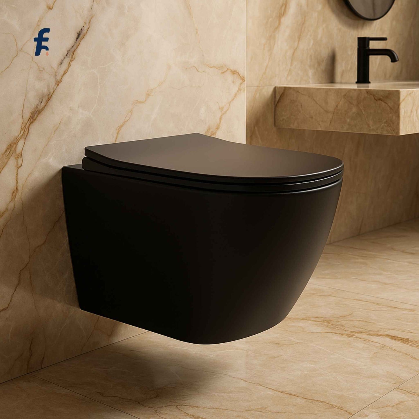 Black wall-mounted toilet in a bathroom with beige tiles
