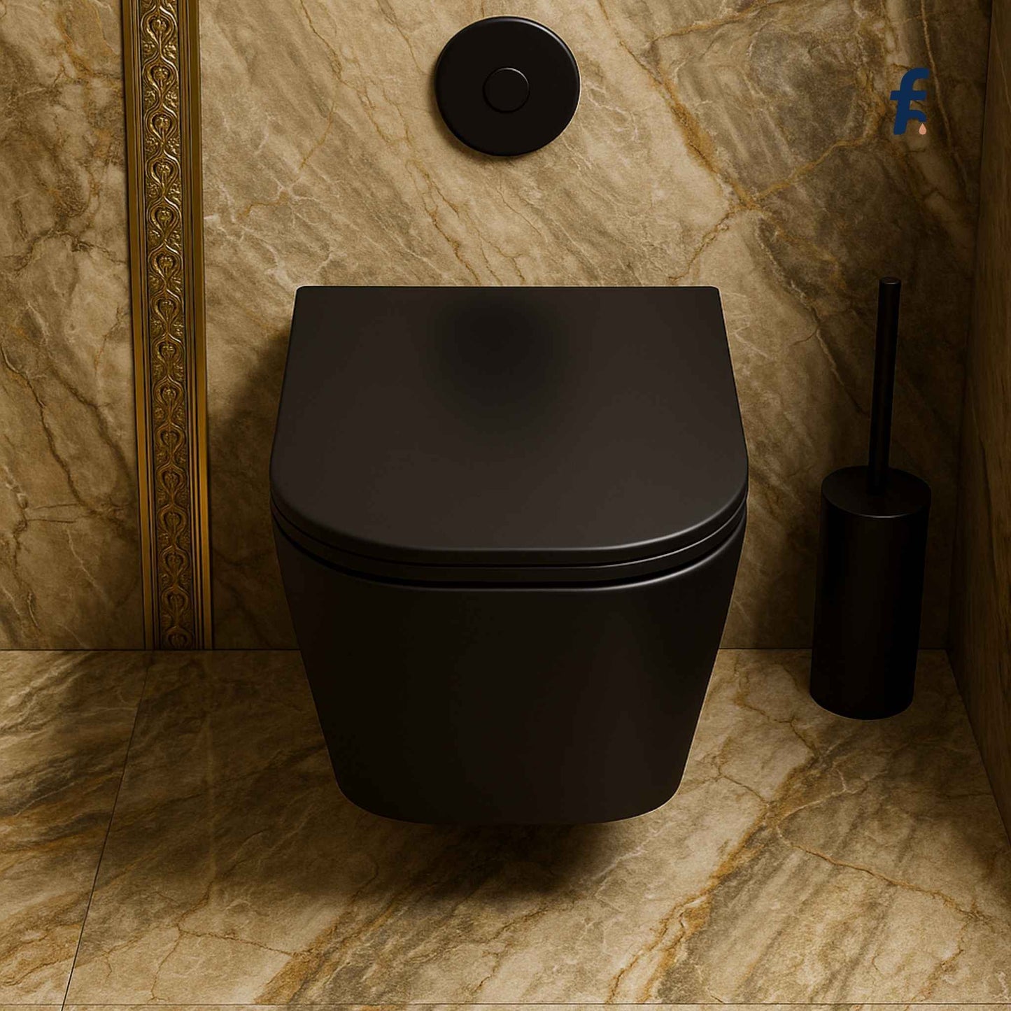 Luxurious Black wall-mounted toilet in a Luxurious bathroom with marble walls and floor.