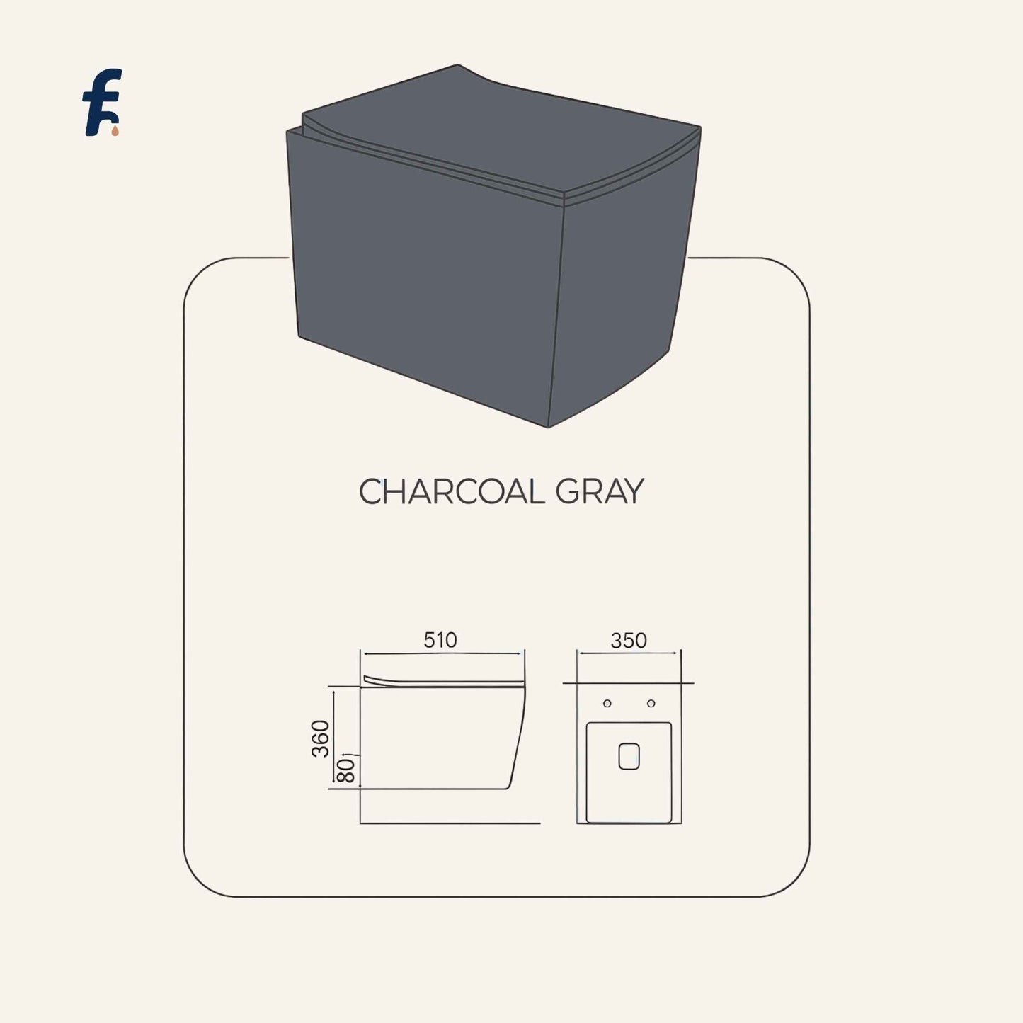 Charcoal gray wall-mounted toilet with dimensions on a beige background