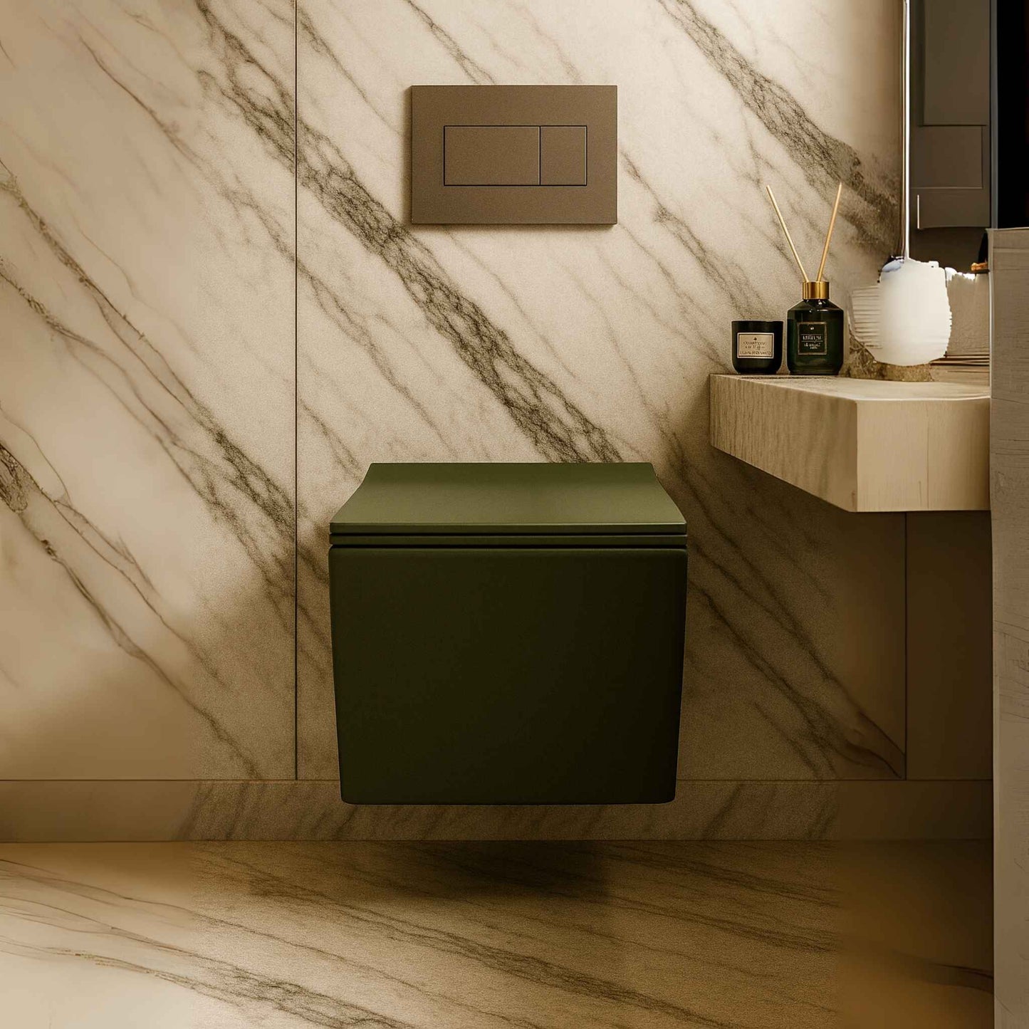 Modern green wall-mounted toilet against a marble-patterned wall.