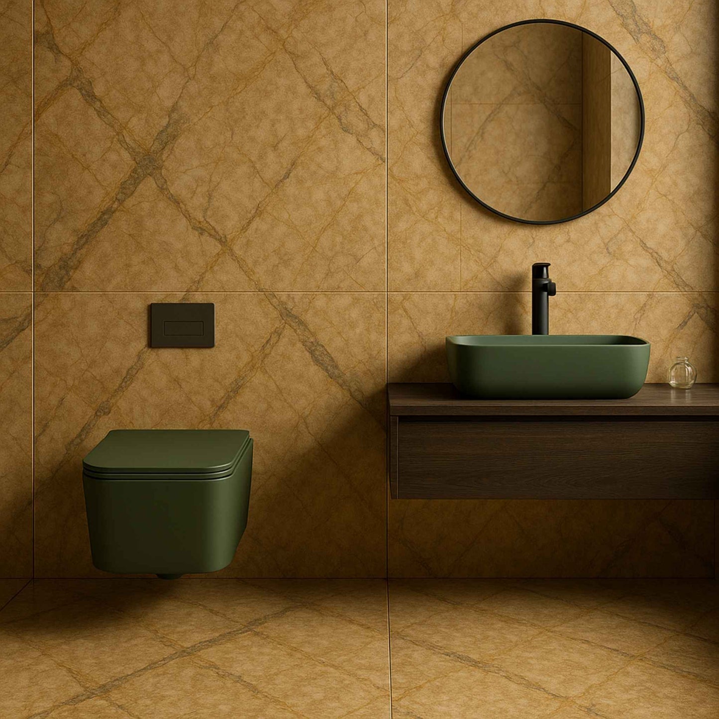 Bathroom with green toilet and sink against a beige tiled wall.