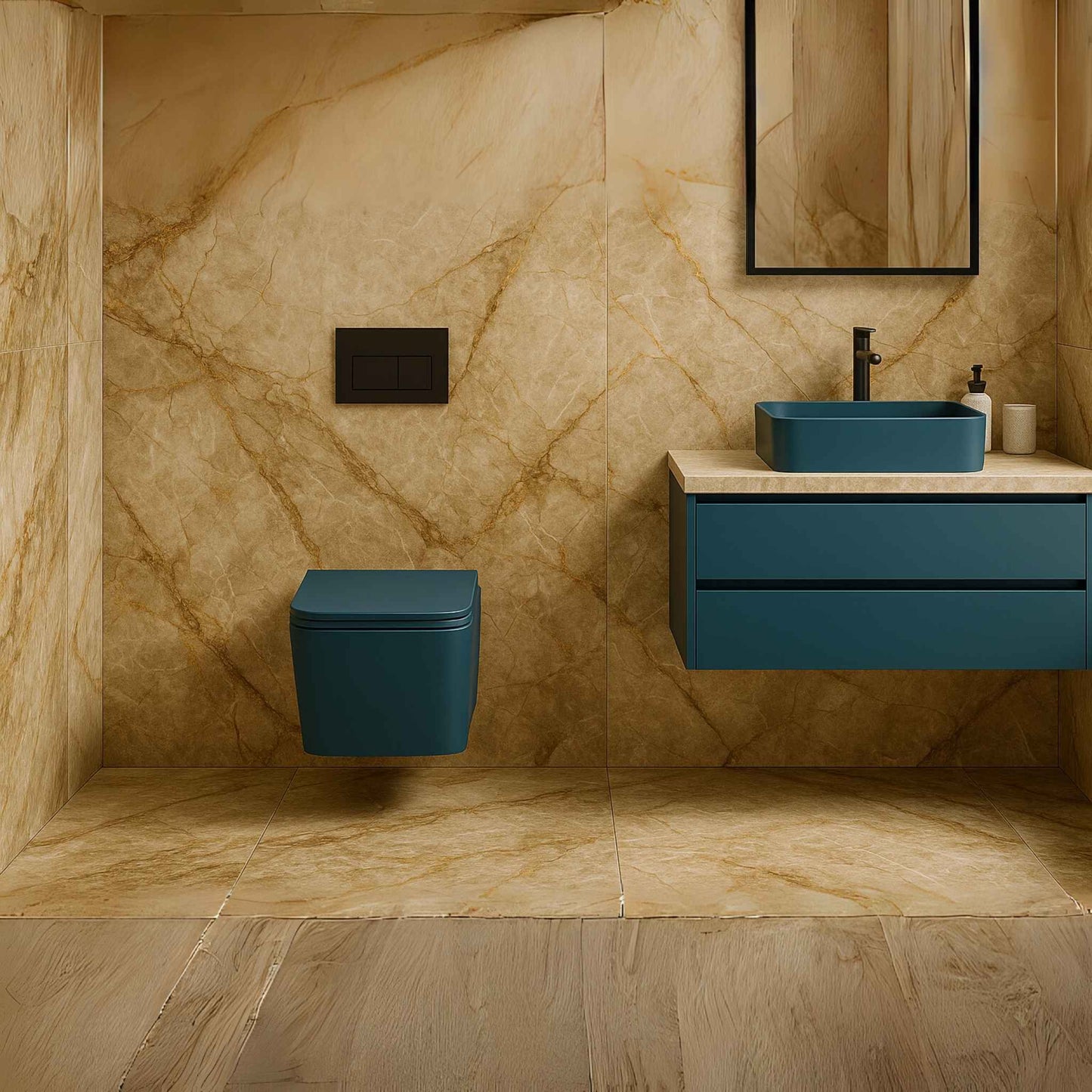 Full Luxury Bathroom with Pine Blue Wall-Hung Toilet