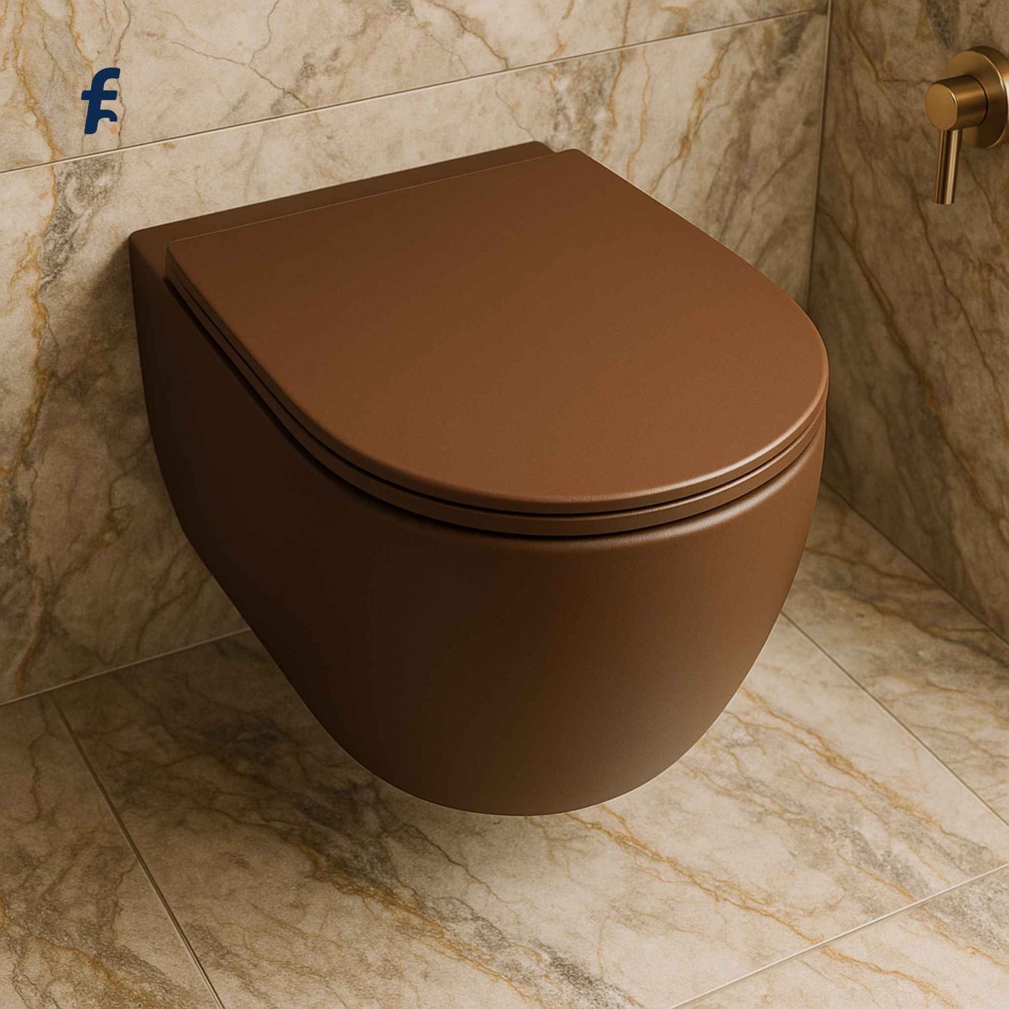 Brown wall-mounted toilet in a bathroom with marble walls and floor.