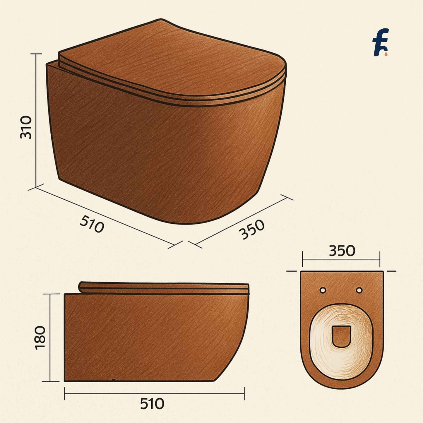 Wooden toilet seat with dimensions on a beige background