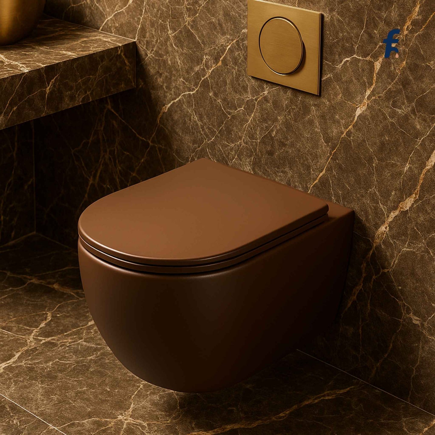 Brown wall-mounted toilet in a bathroom with marble walls and floor.