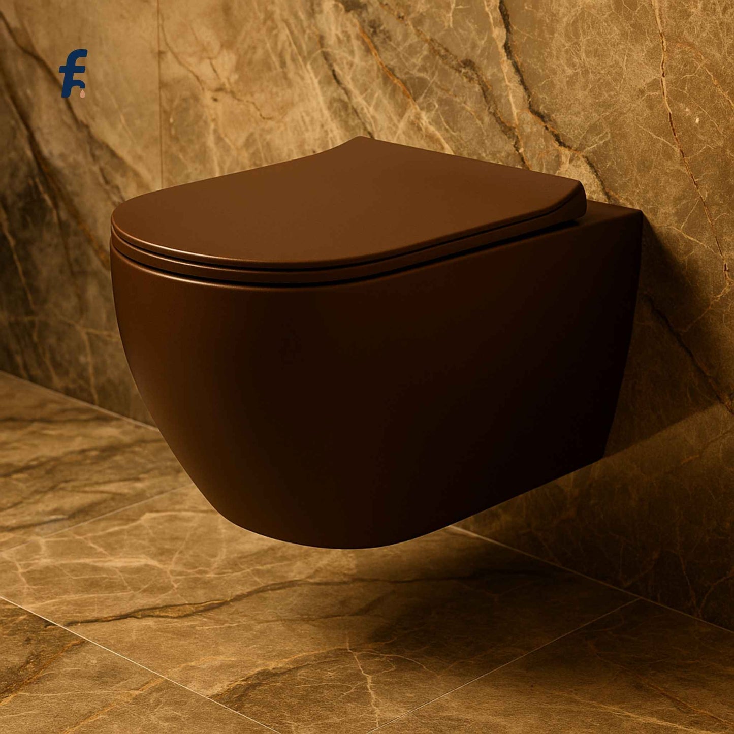 Brown wall-mounted toilet against a marble wall.