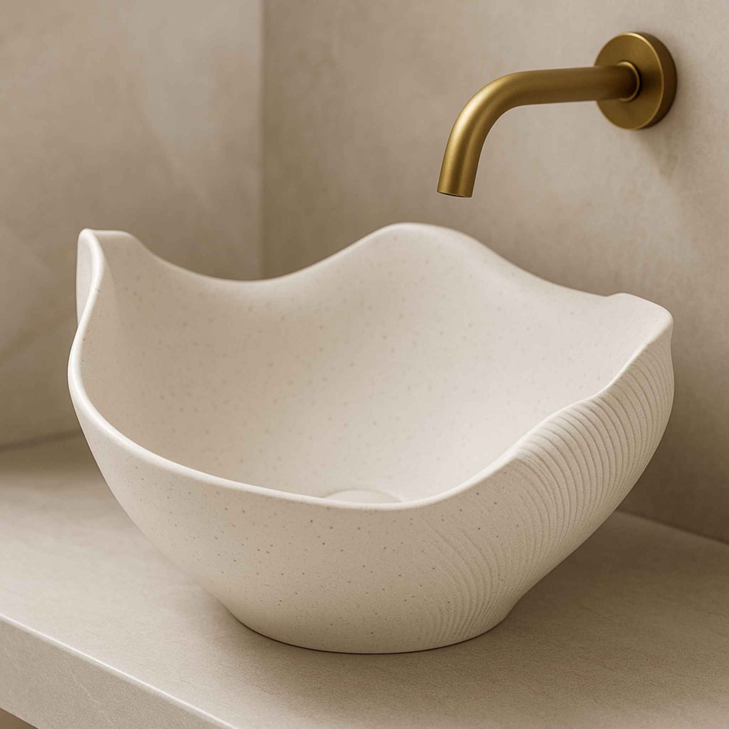 Side close-up view of matte white shell-shaped bathroom basin
