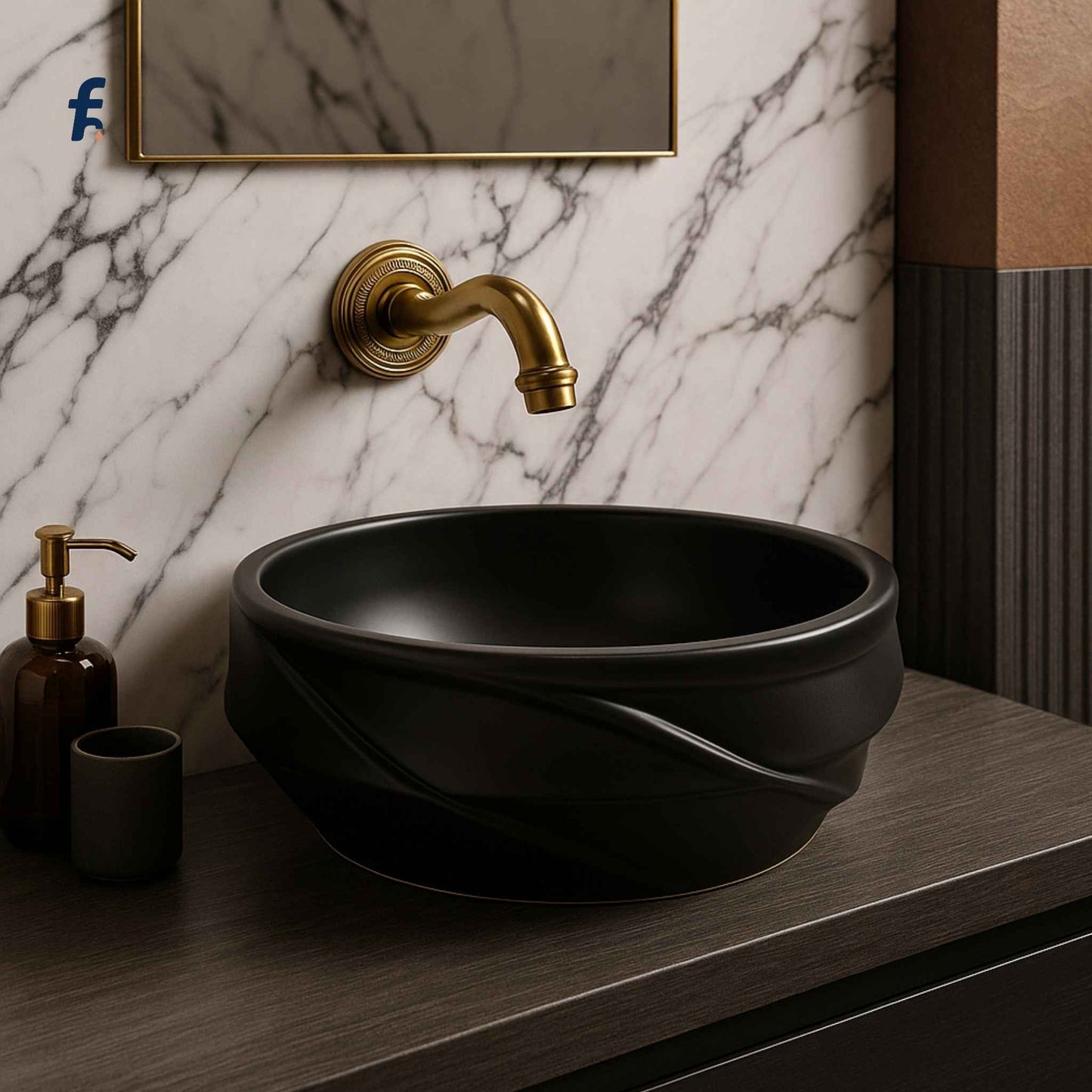 Side angle of modern black vessel sink with designer sculpted base