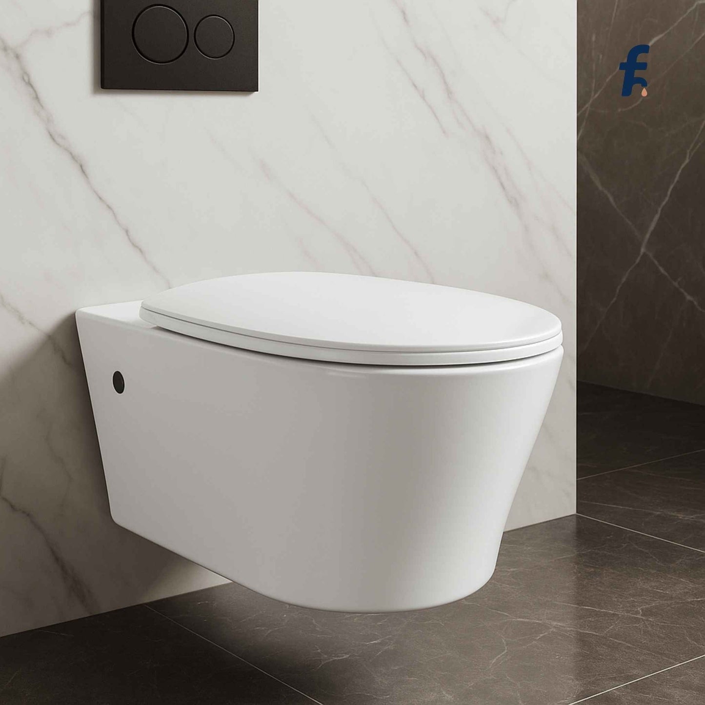 Wall-mounted white toilet in a bathroom with tiled walls and floor. Side angle view of premium wall mounted WC with soft-close seat