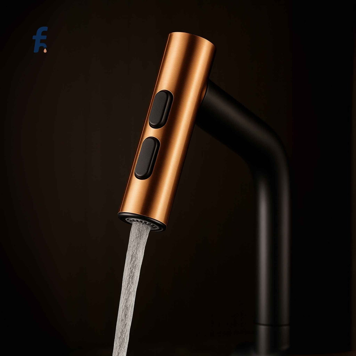 Side close-up view of matte black kitchen faucet with brushed rose gold accents in a luxurious kitchen
