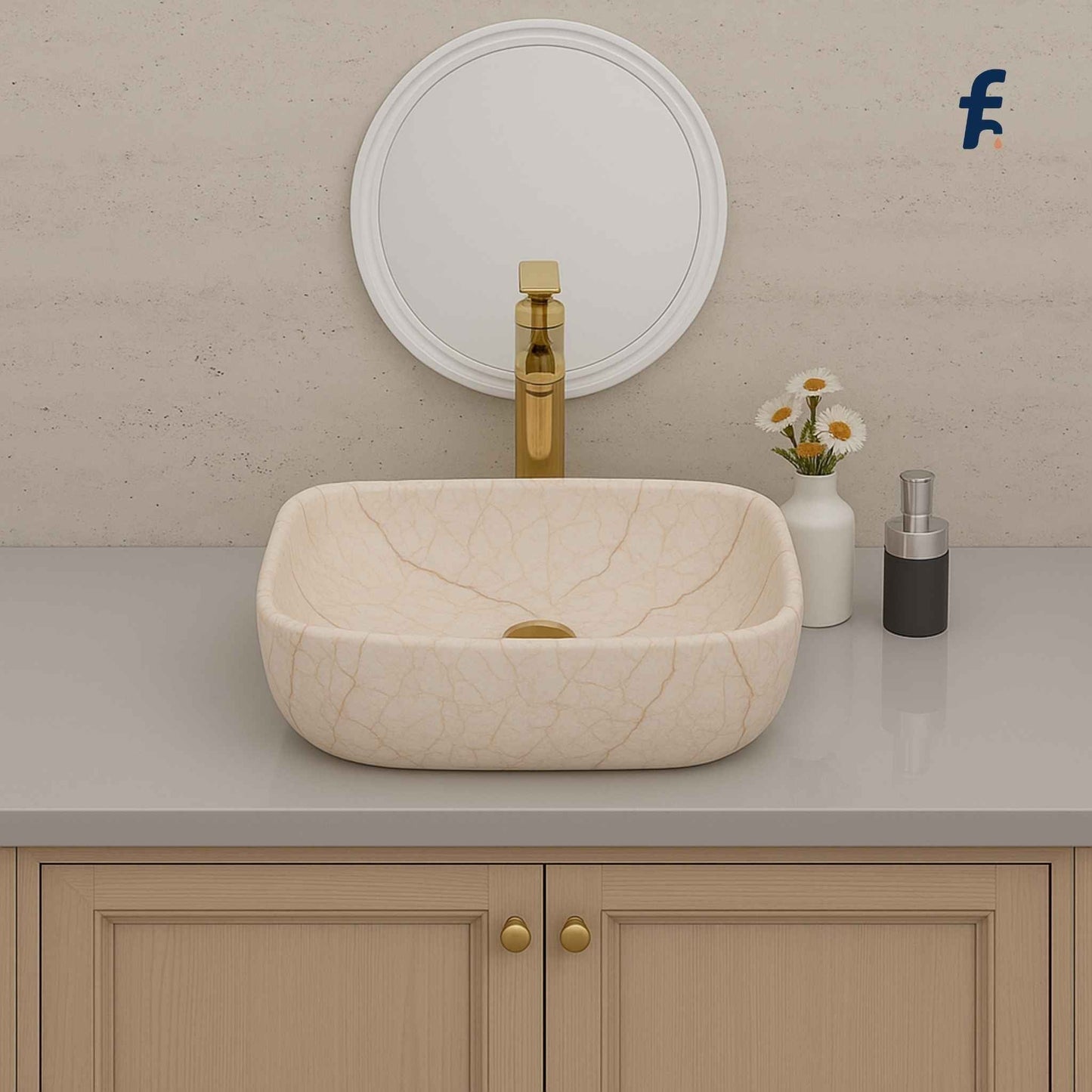 Beige ceramic sink on a bathroom counter with a mirror and decorative items. Side angle of rectangular ceramic marble finish wash basin – Affordable Series