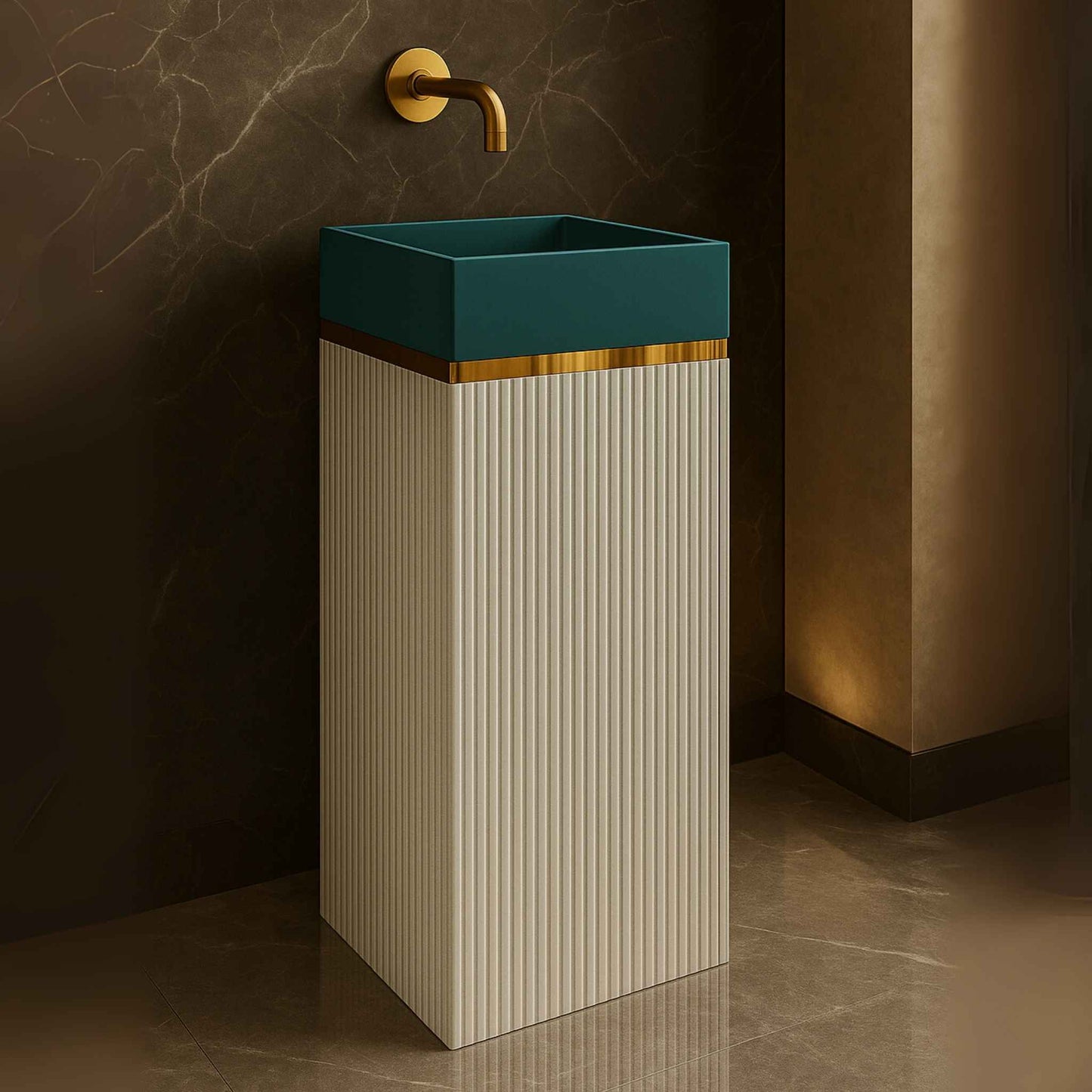 Modern pedestal sink with teal basin and gold accents against a dark wall.