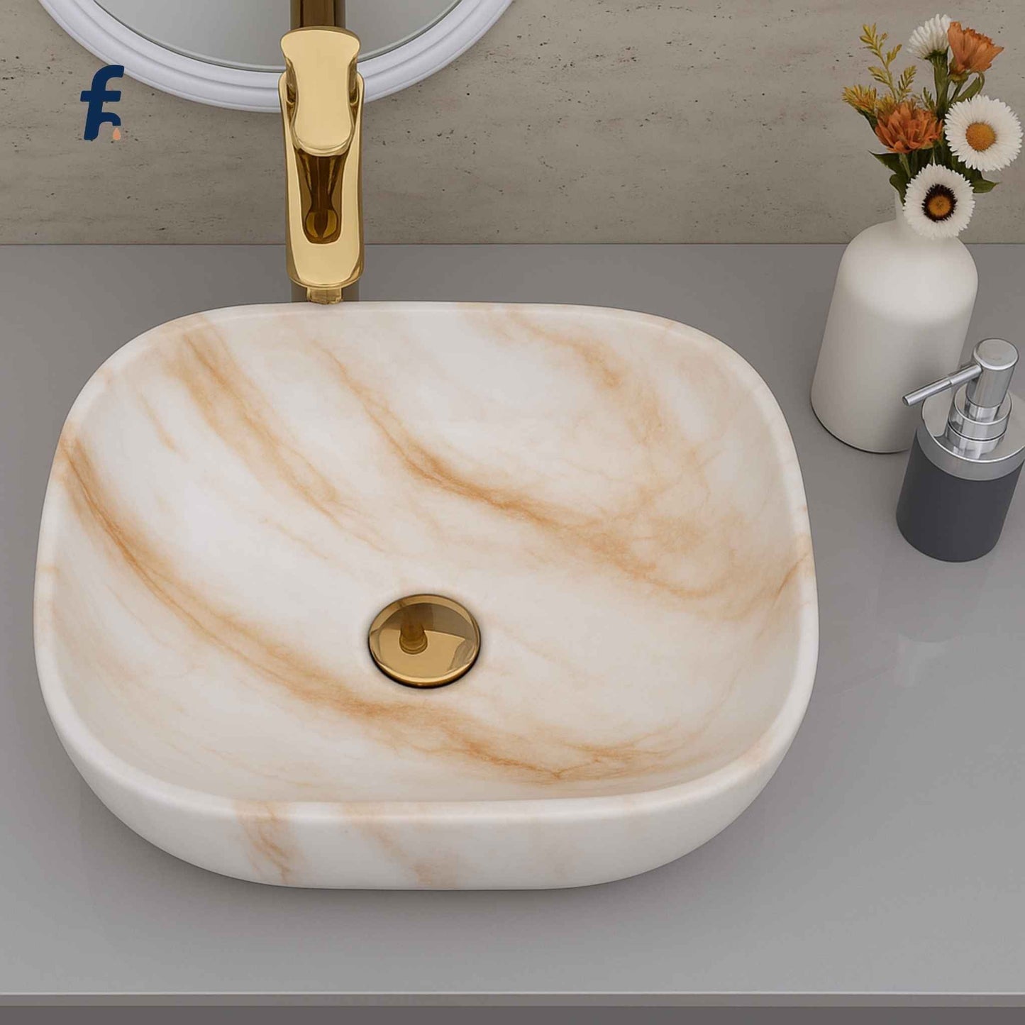 Marble-patterned sink with gold faucet on a bathroom counter. Side profile of affordable golden marble printed ceramic wash basin – 18x13 size