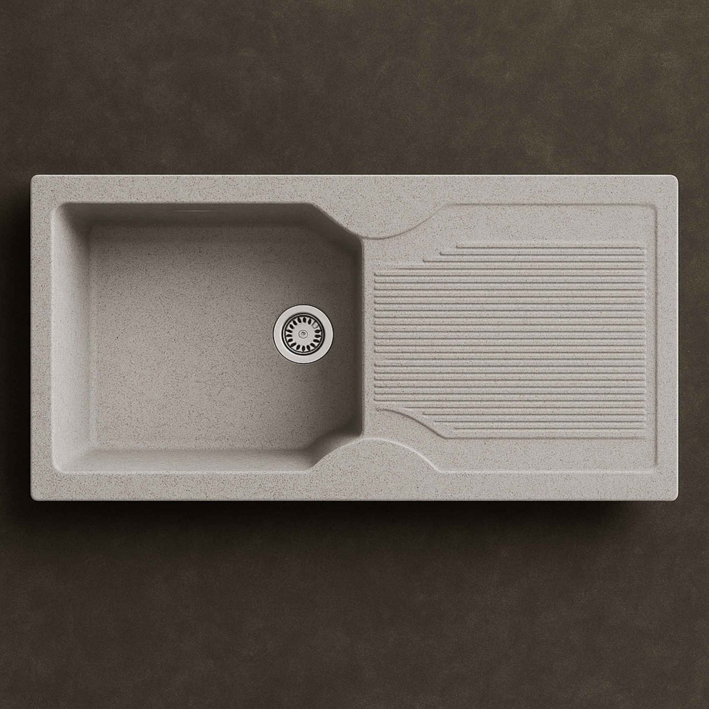 Top angle view of silver granite sink with drainboard, matte finish, and clean layout.