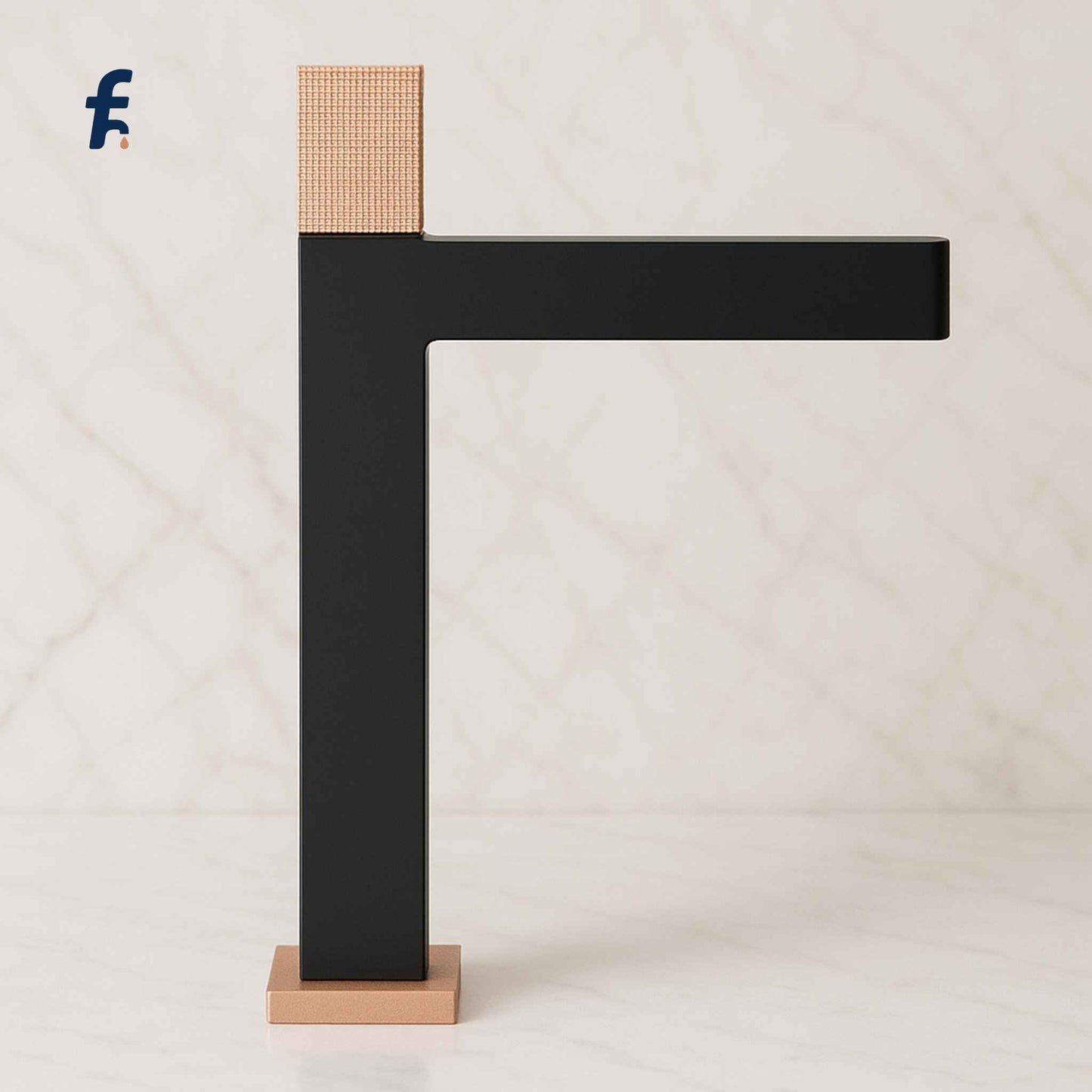 Modern faucet design with black and wood elements on a light background, Slim matte black & rose gold bathroom faucet for luxury vanities