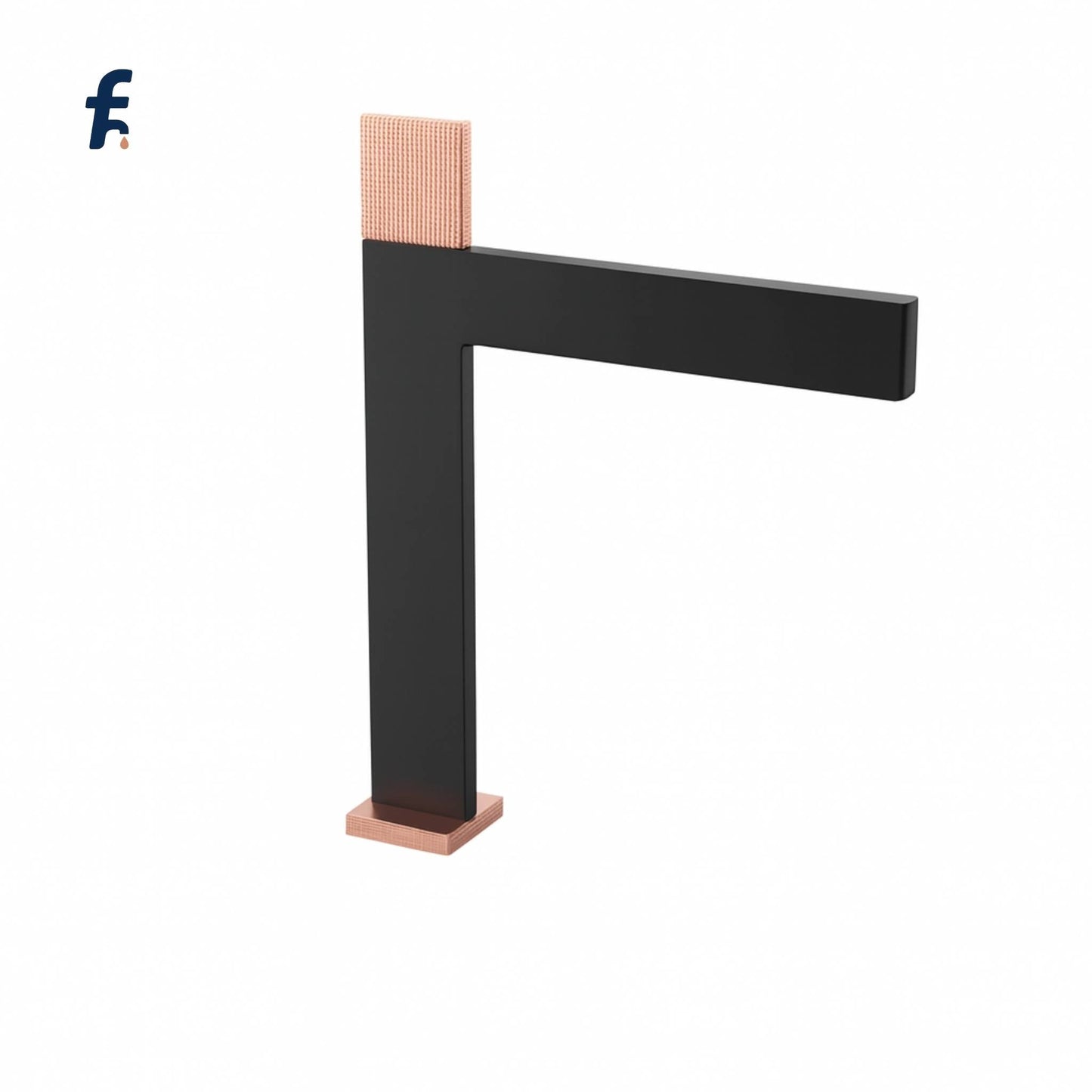 Black and rose gold faucet on a white background