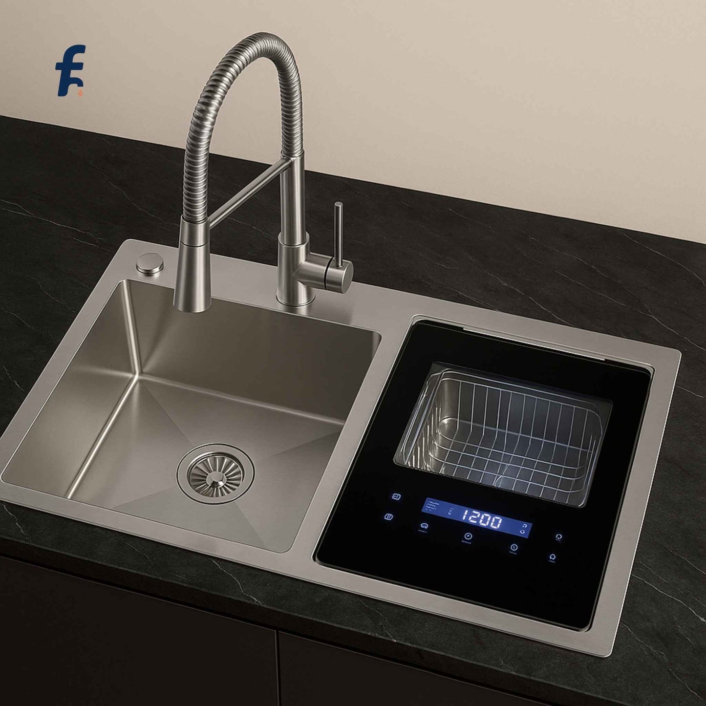 Close-up of smart WiFi kitchen sink faucet with digital control and premium stainless steel finish for modular homes
