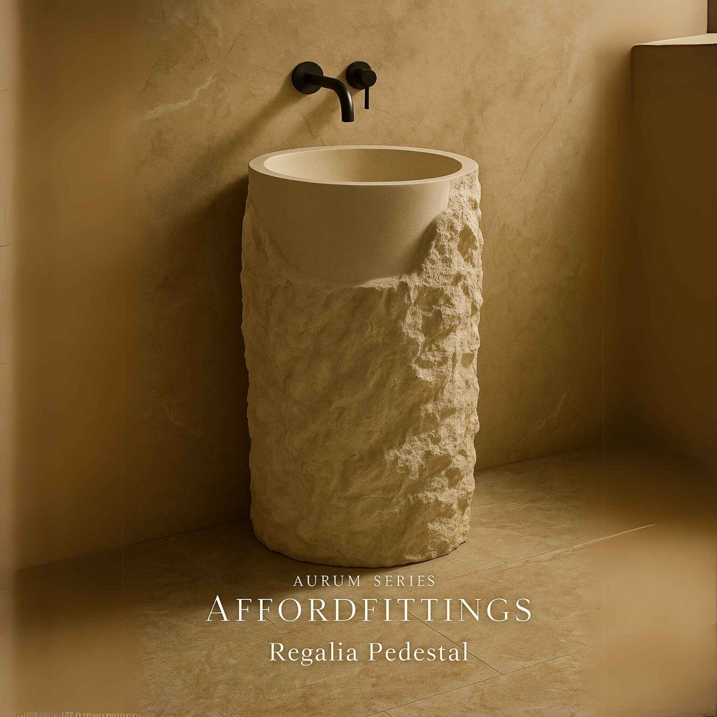Luxury freestanding stone pedestal washbasin with rugged texture and brass wall faucet in a marble bathroom front angle