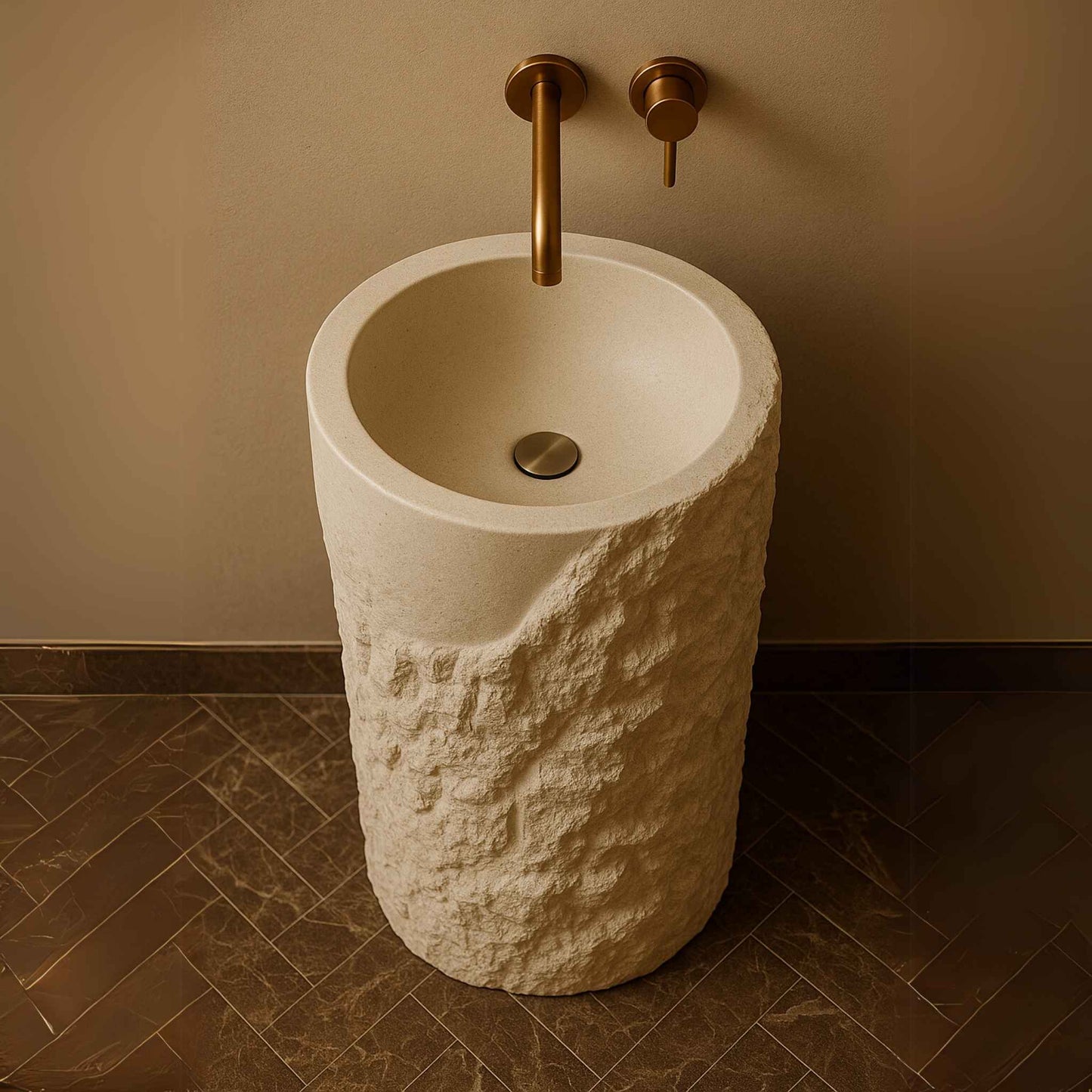 Luxury freestanding stone pedestal washbasin with rugged texture and brass wall faucet in a marble bathroom top angle