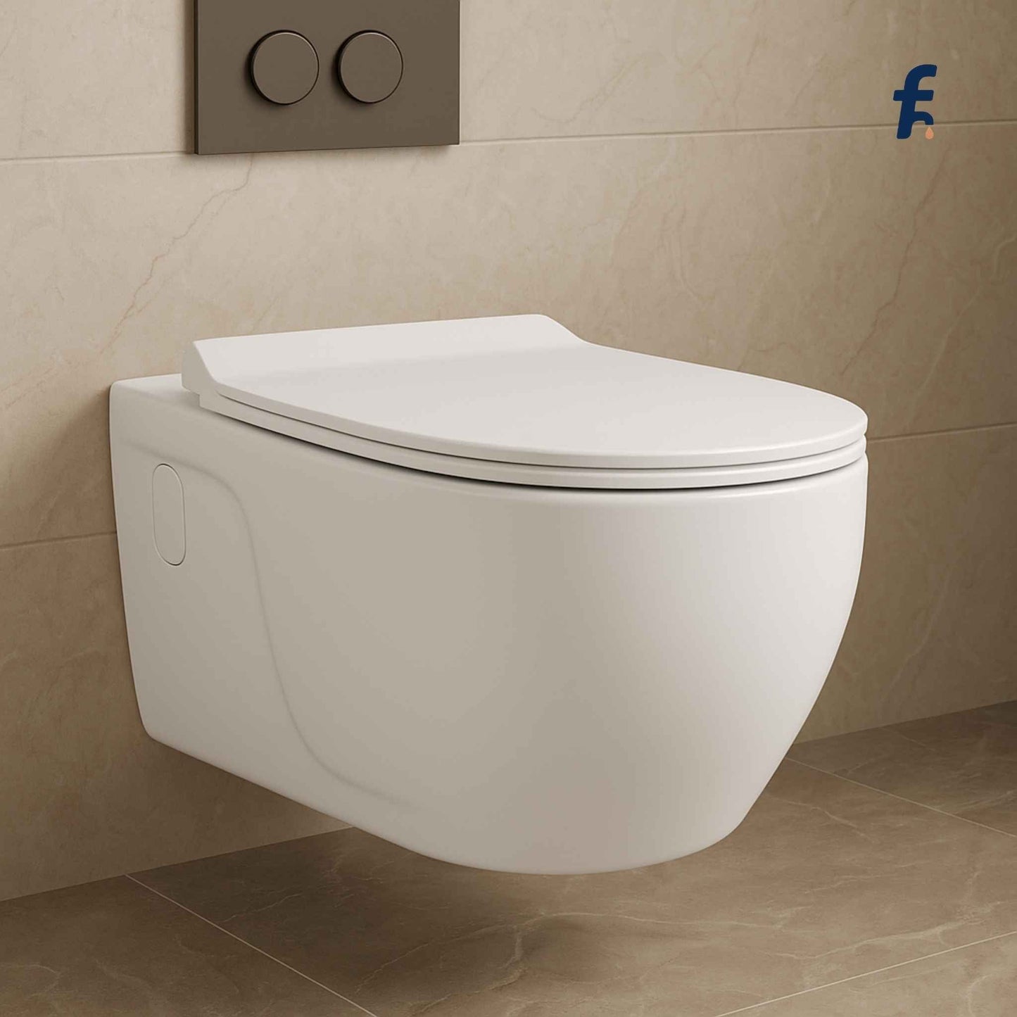 Wall-mounted white toilet against a beige tiled wall