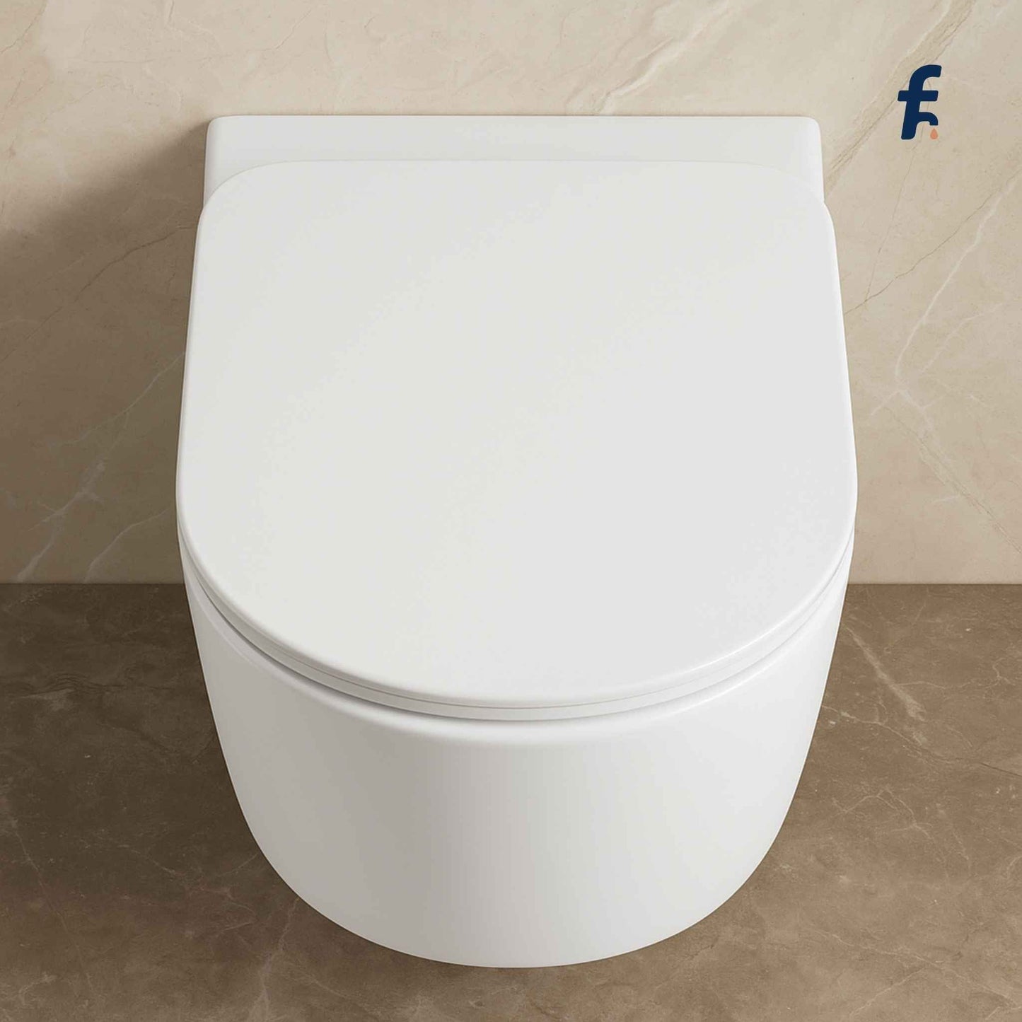 White wall-mounted toilet against a beige tiled wall