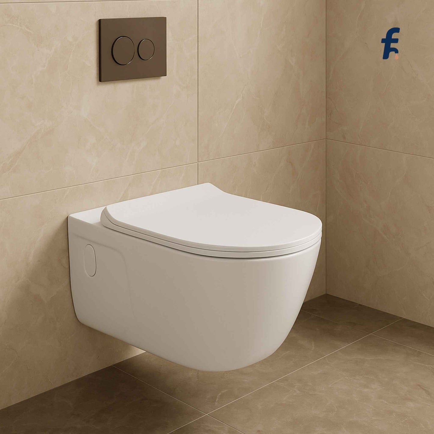 Wall-mounted white toilet against a beige tiled wall with a visible brand logo Full luxurious bathroom setup with mounted ceramic toilet