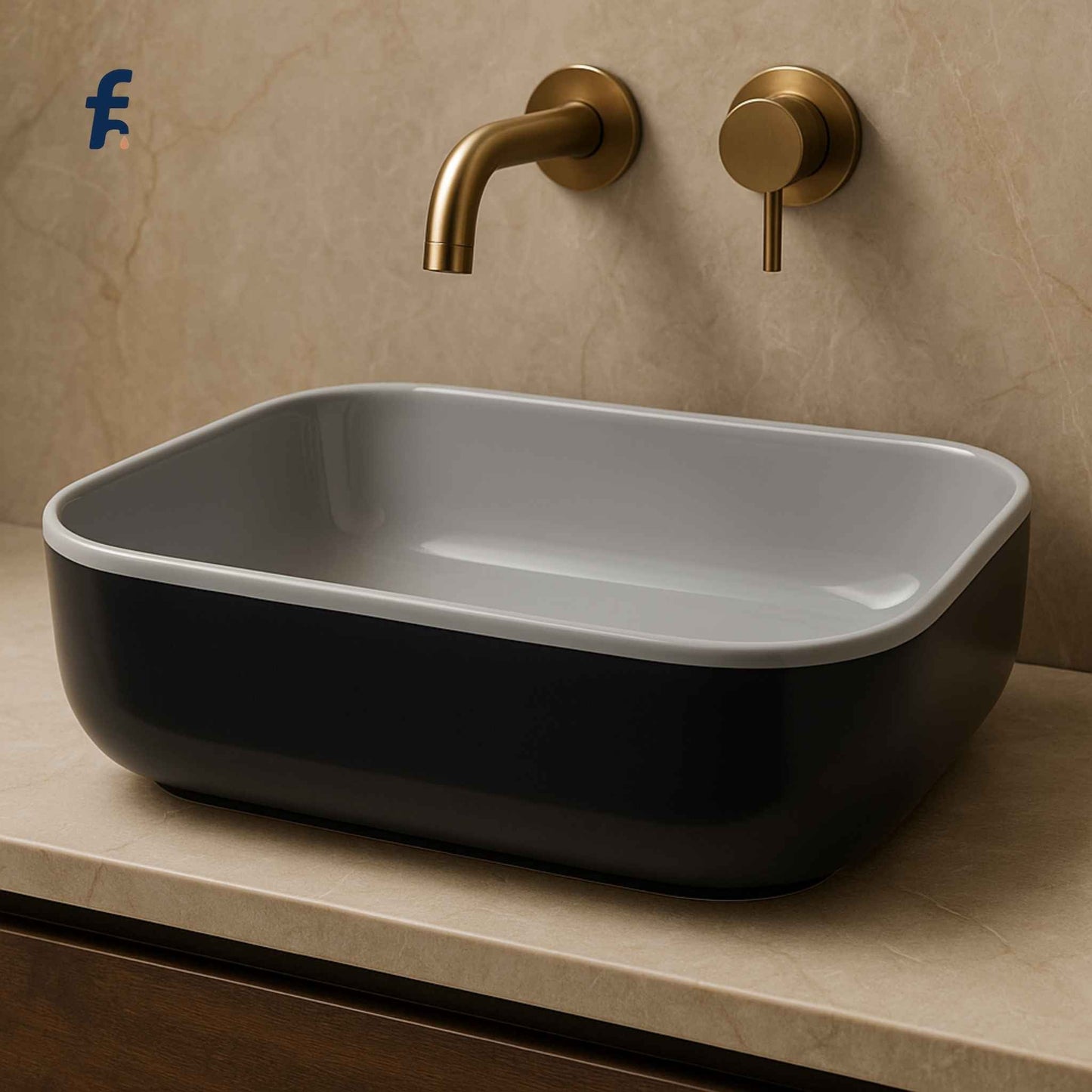 Bathroom sink with gold faucet and handles on a beige wall, Luxury bathroom sink with wall-mounted faucet.