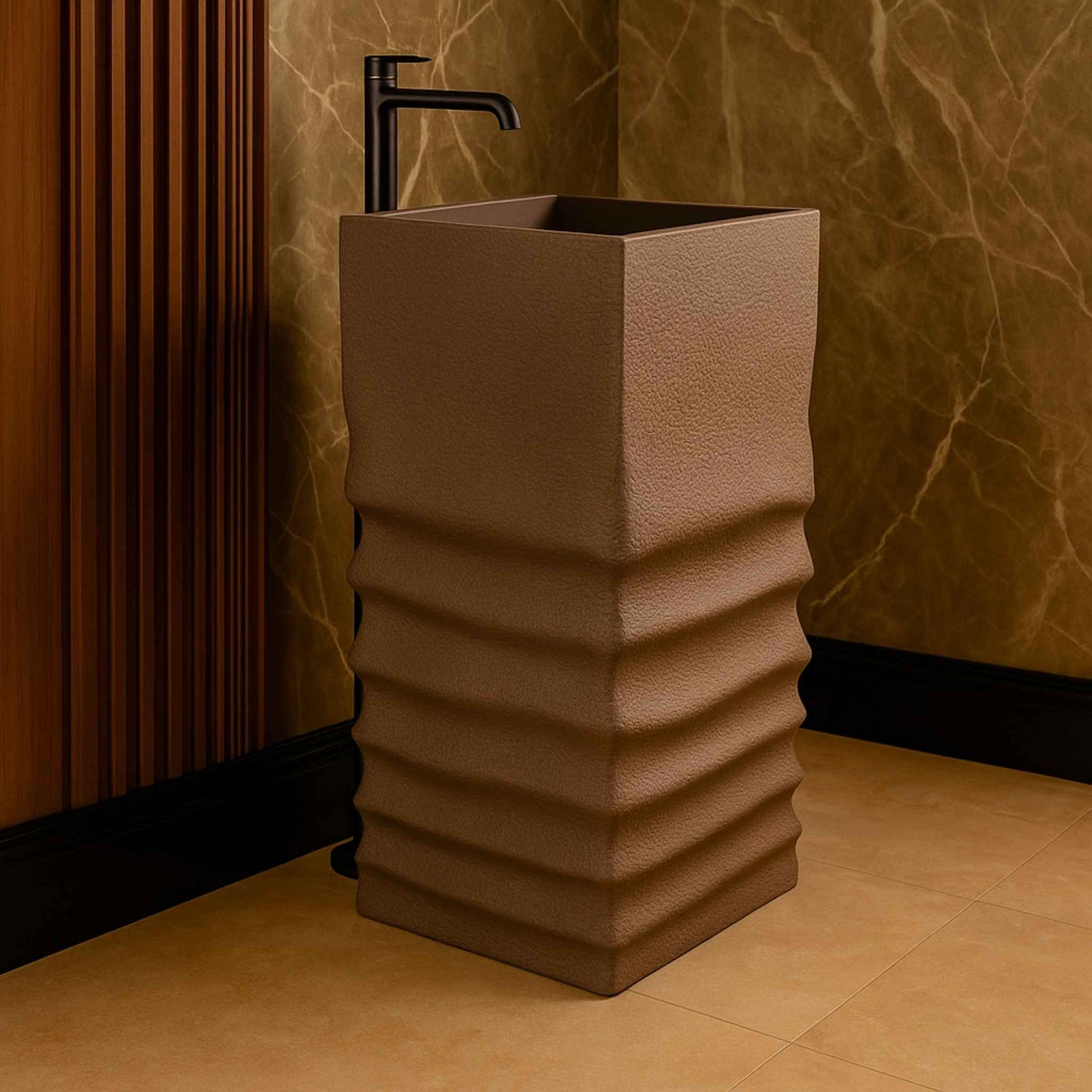 Textured taupe pedestal basin in modern luxury bathroom with wood and marble