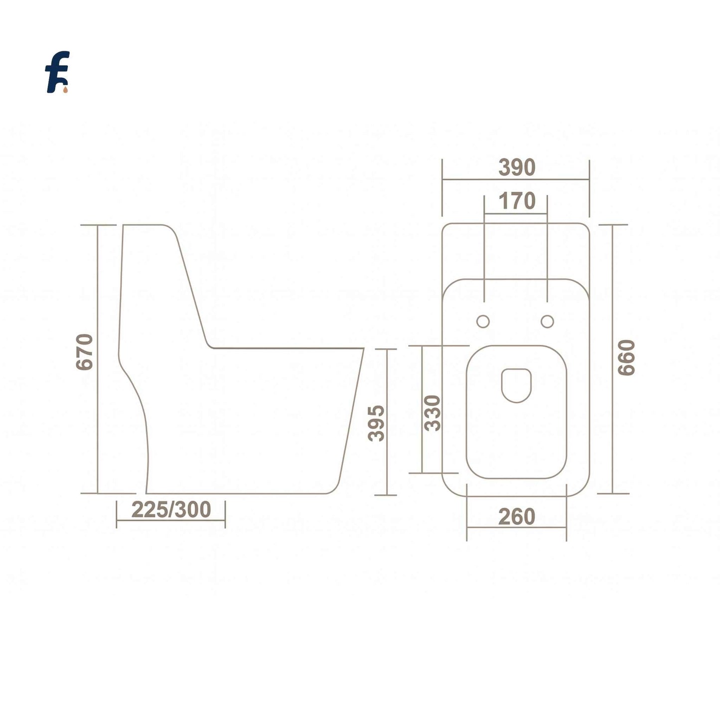 Technical drawing with dimensions of SM00W-1012 one-piece western toilet with S-trap 225/300mm