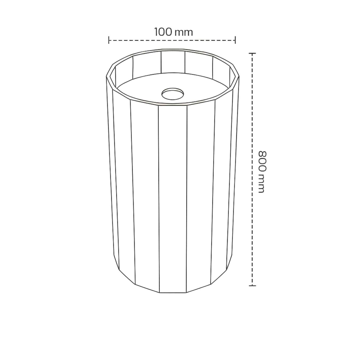 Technical drawing of copper fluted pedestal wash basin with dimensions