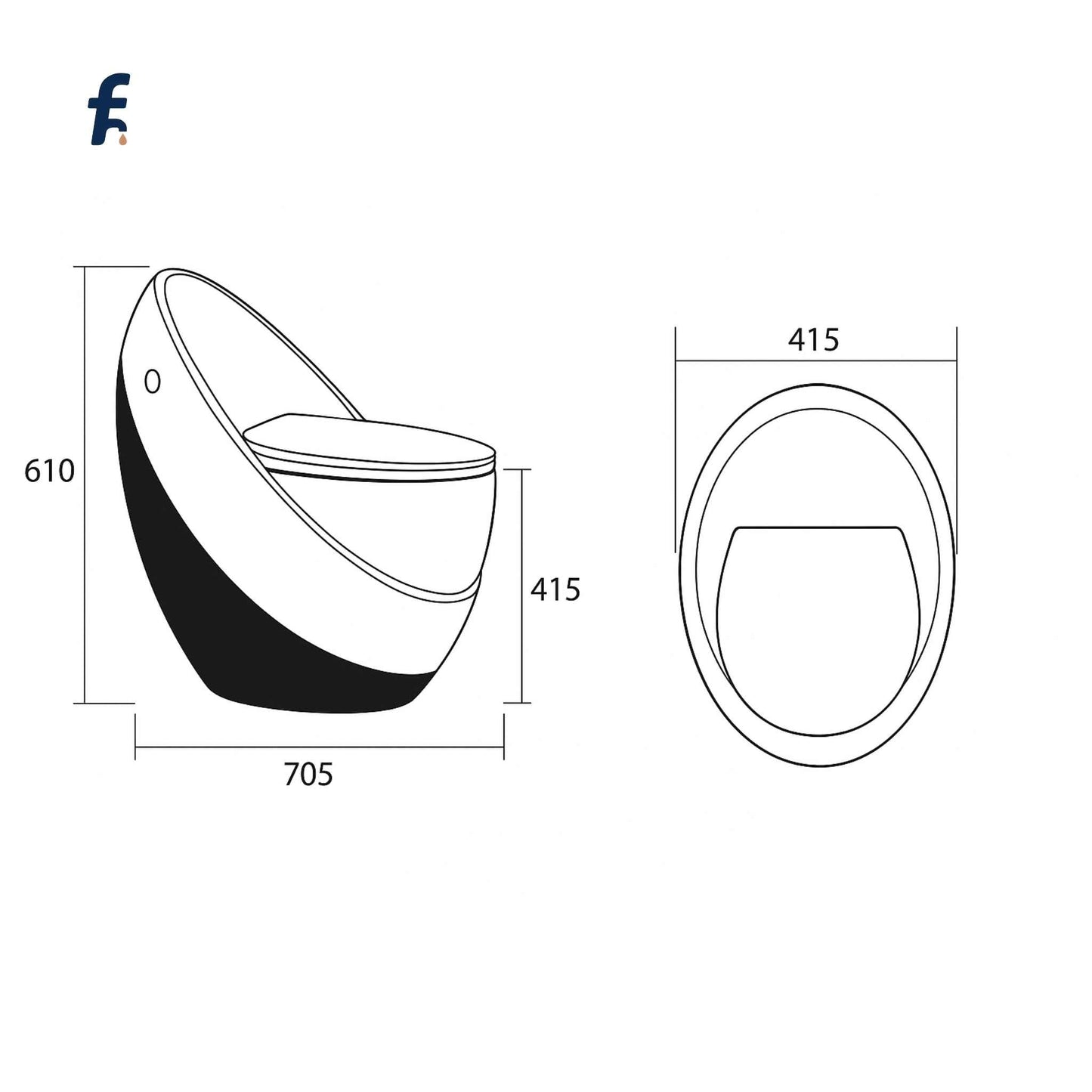 Technical drawing of a modern chair with dimensions labeled