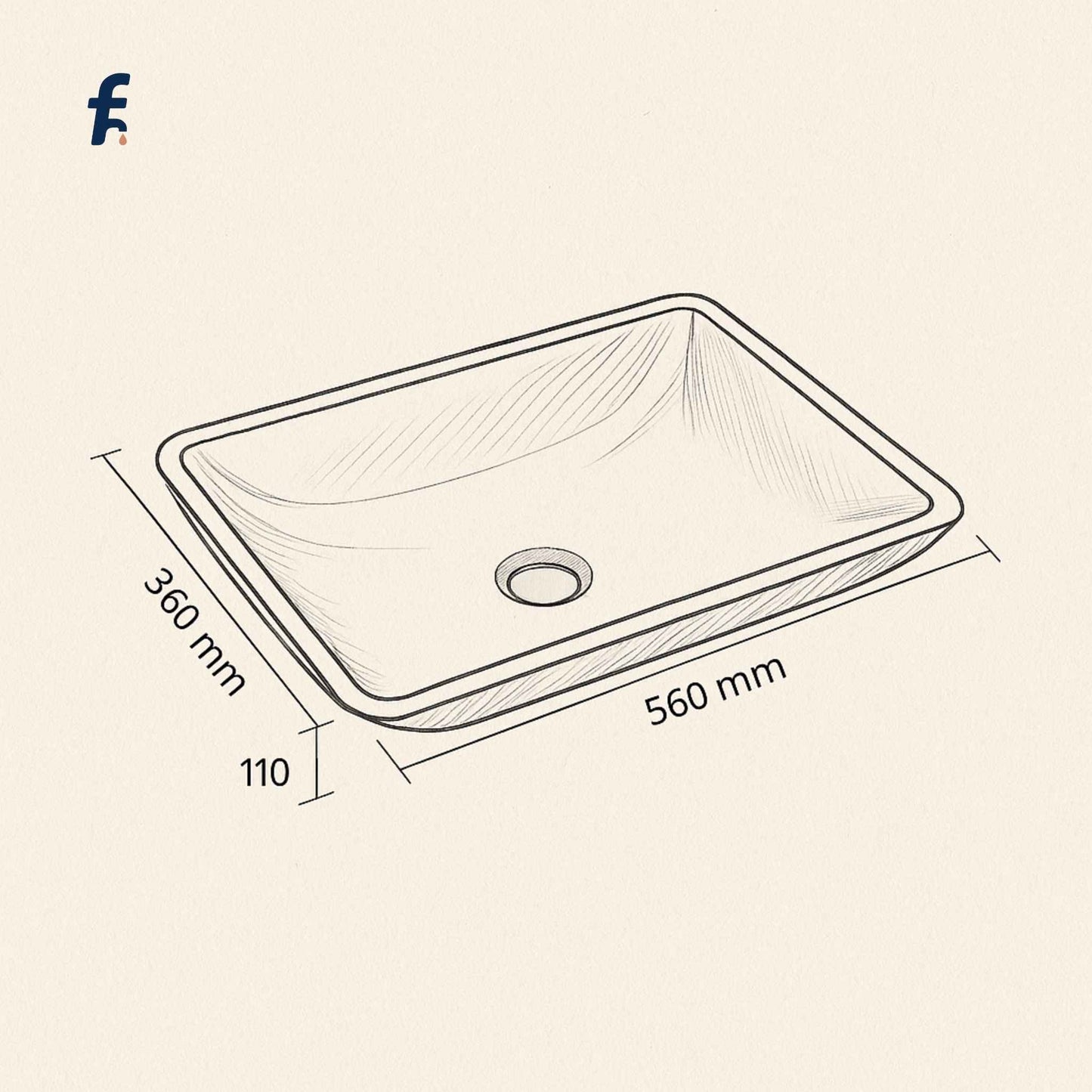 Rectangular glass sink with dimensions on a beige background